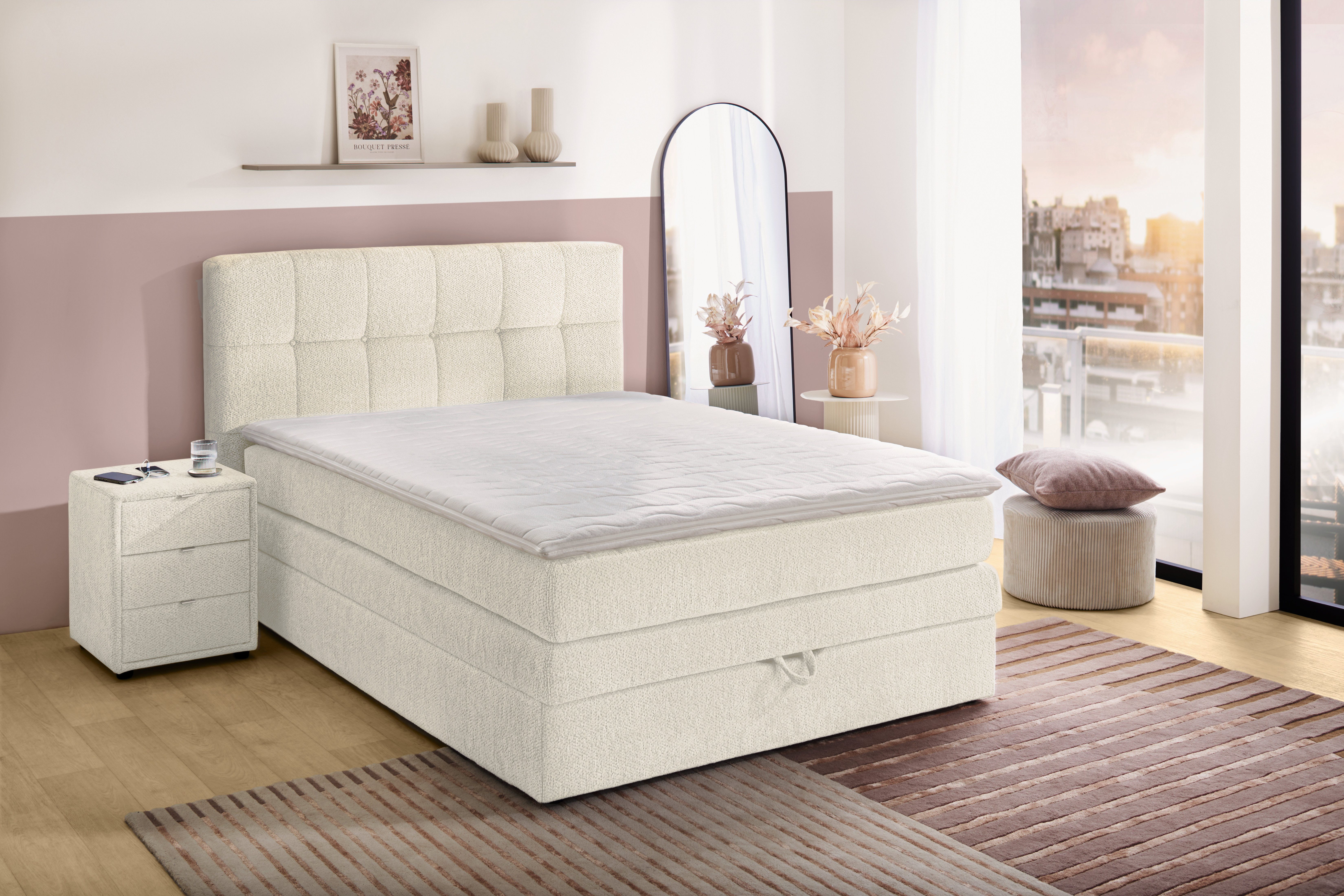 Jockenhöfer Gruppe Boxspringbett AMY in Chenille, erhältlich in den Breiten 120cm & 140cm, mit Bettkasten und Topper