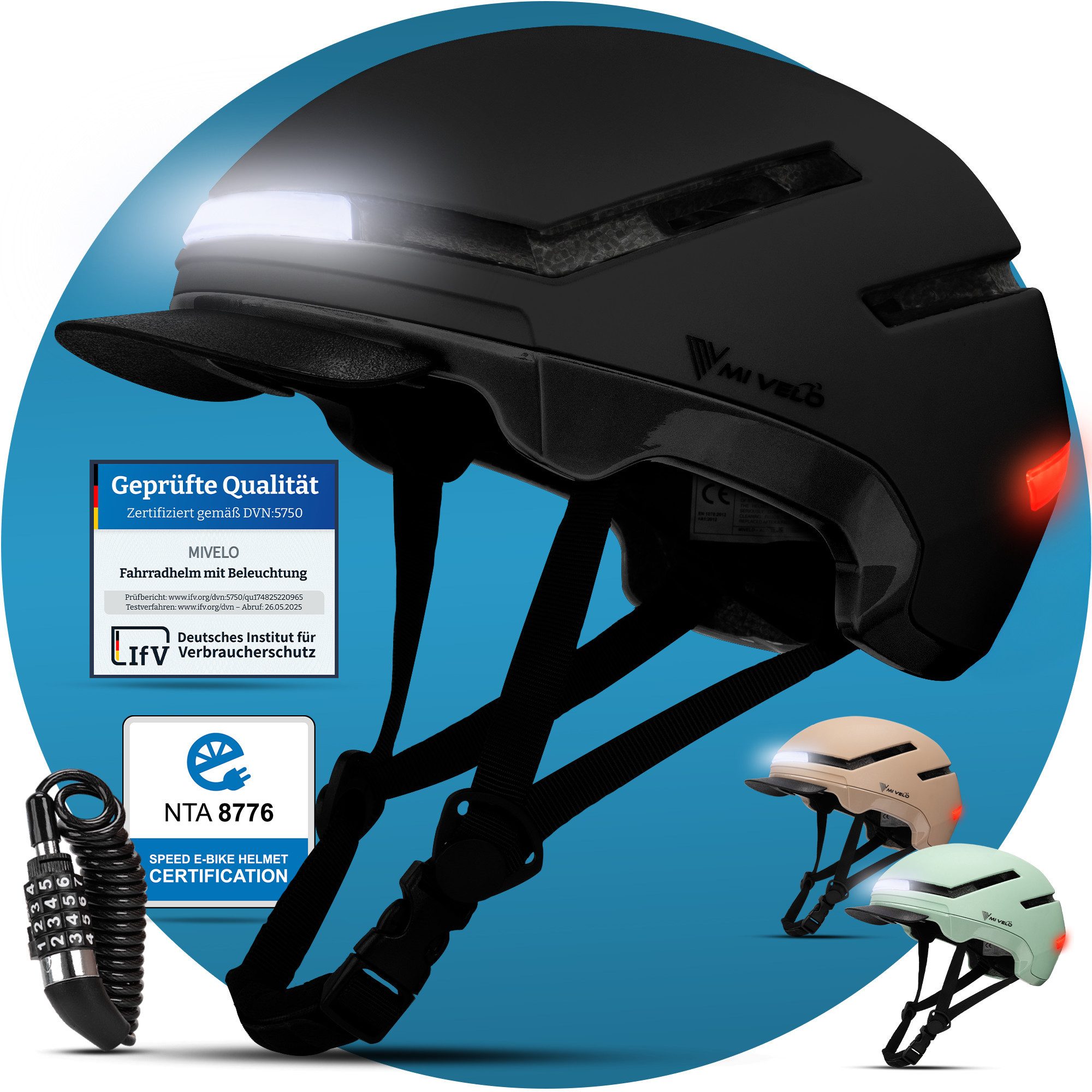 MIVELO Fahrradhelm NOVA - für Herren und Damen mit Licht vorne & hinten, NTA zertifiziert, 360° Beleuchtung, 24 Monate Crash-Ersatz-Garantie