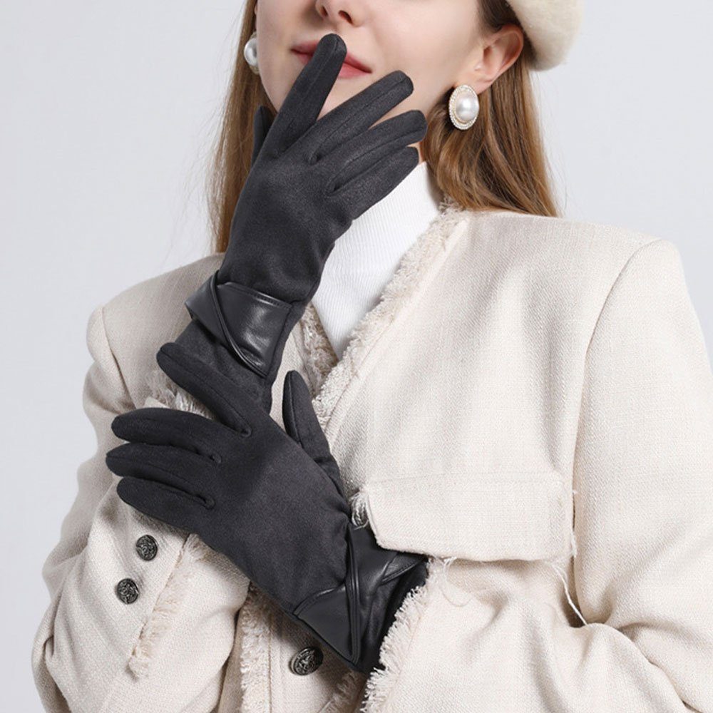 hohem Frackhandschuhe warm mit kälteschützend Damenhandschuhe Pelzkugeln Fäustlinge und LAKKEC Stretch, leichte Elegante Schwarz mit