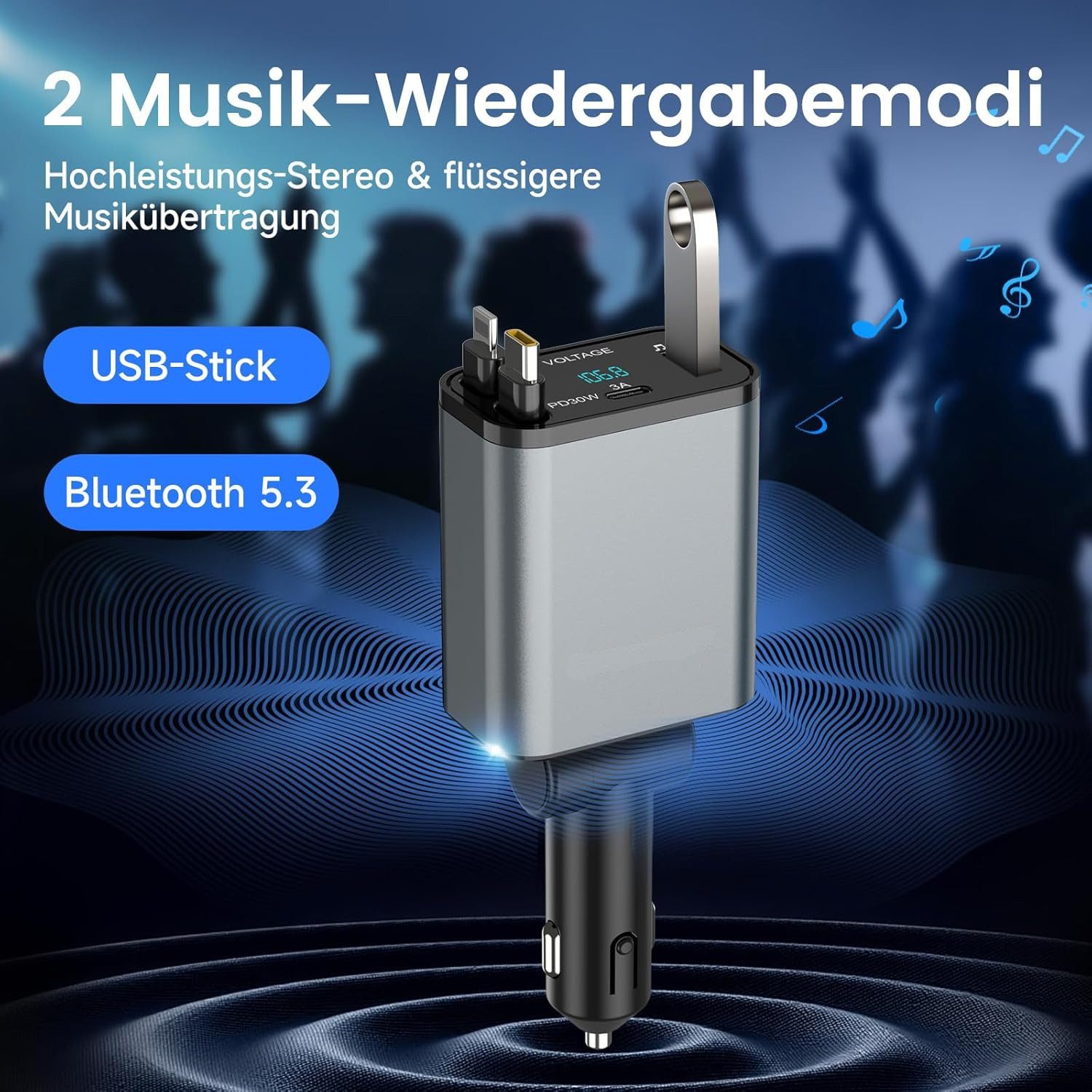 TUWENA Bluetooth & Cigarette Lighter Car Charger with 2 Retractable Cables, FM Transmitter, 24V/12V USB-C