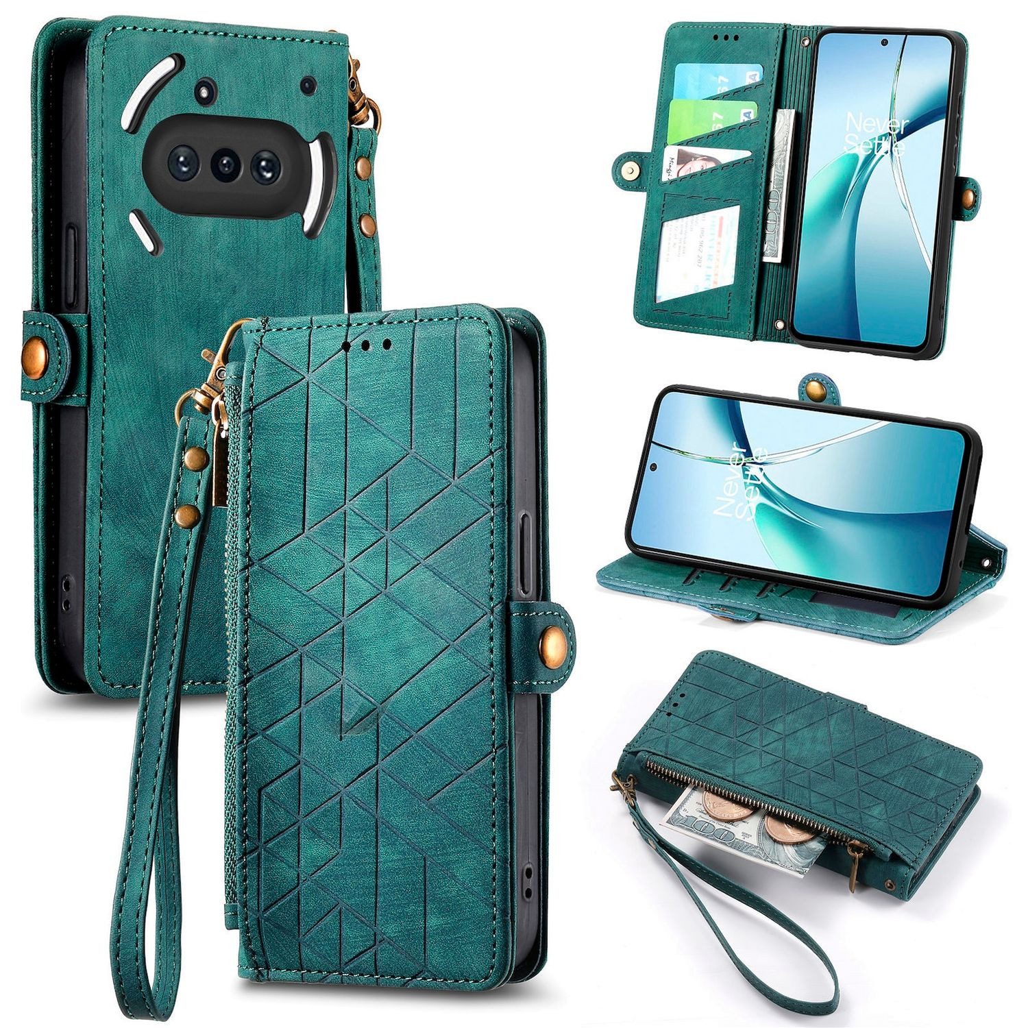 Wigento Handyhülle Für Nothing Phone 3a Kunstleder Design Zipper Book Hülle Tasche Grün, Kartenfächer, Reißverschlussfach, Standfunktion