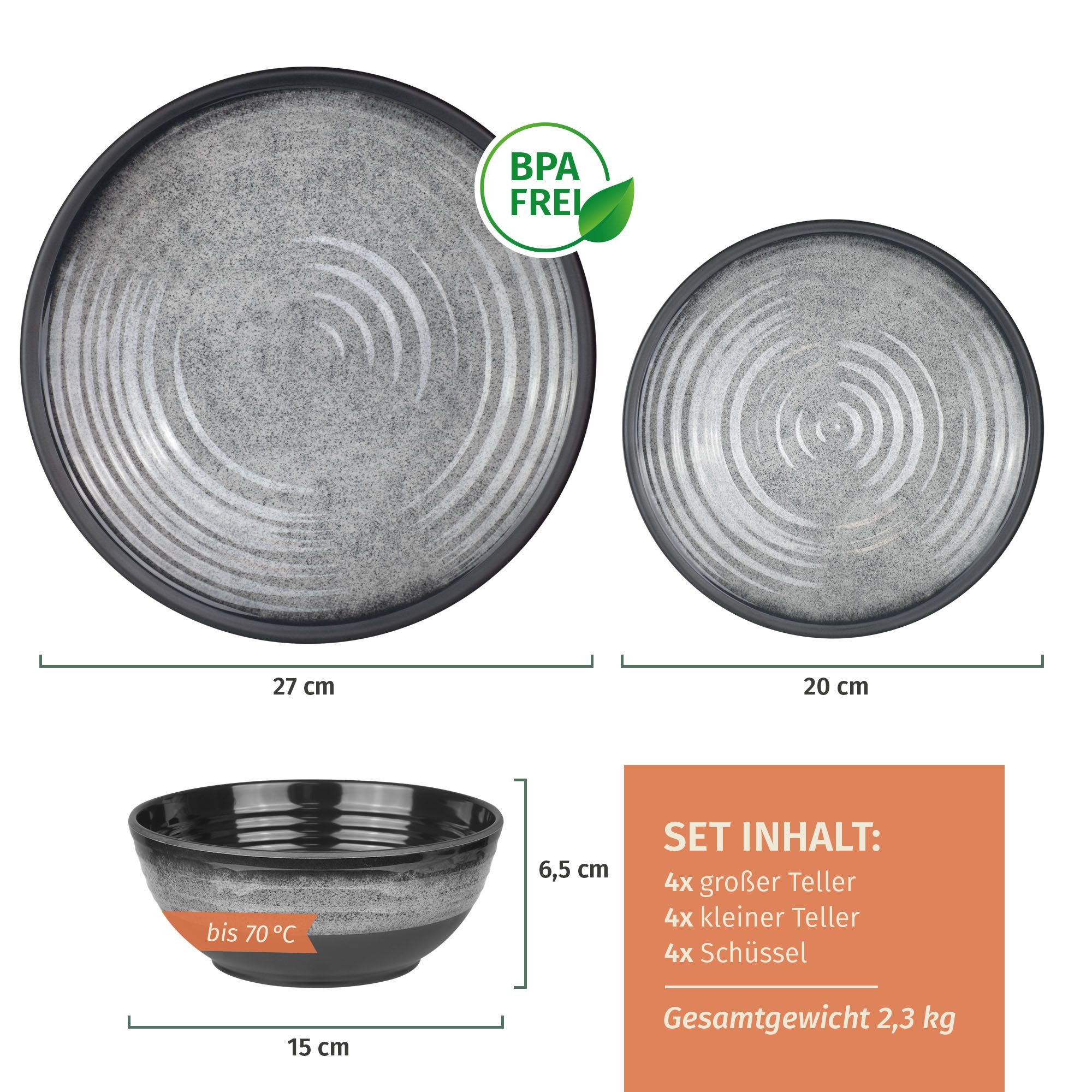 Moritz Geschirr-Set Camping Geschirr Stone Grey 12-teilig