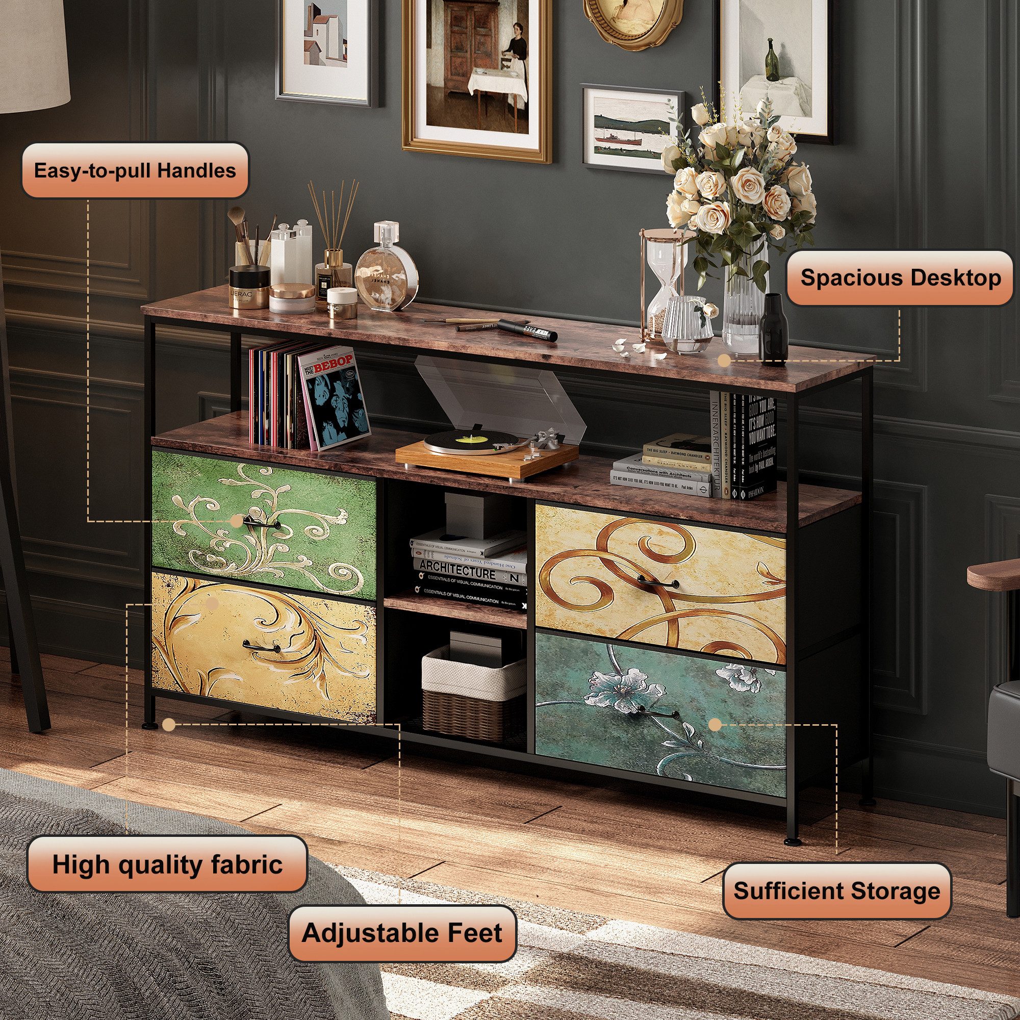 Simurq TV-Schrank mit LED & Stoffboxen Lowboard 108-137cm im Tiger-Look