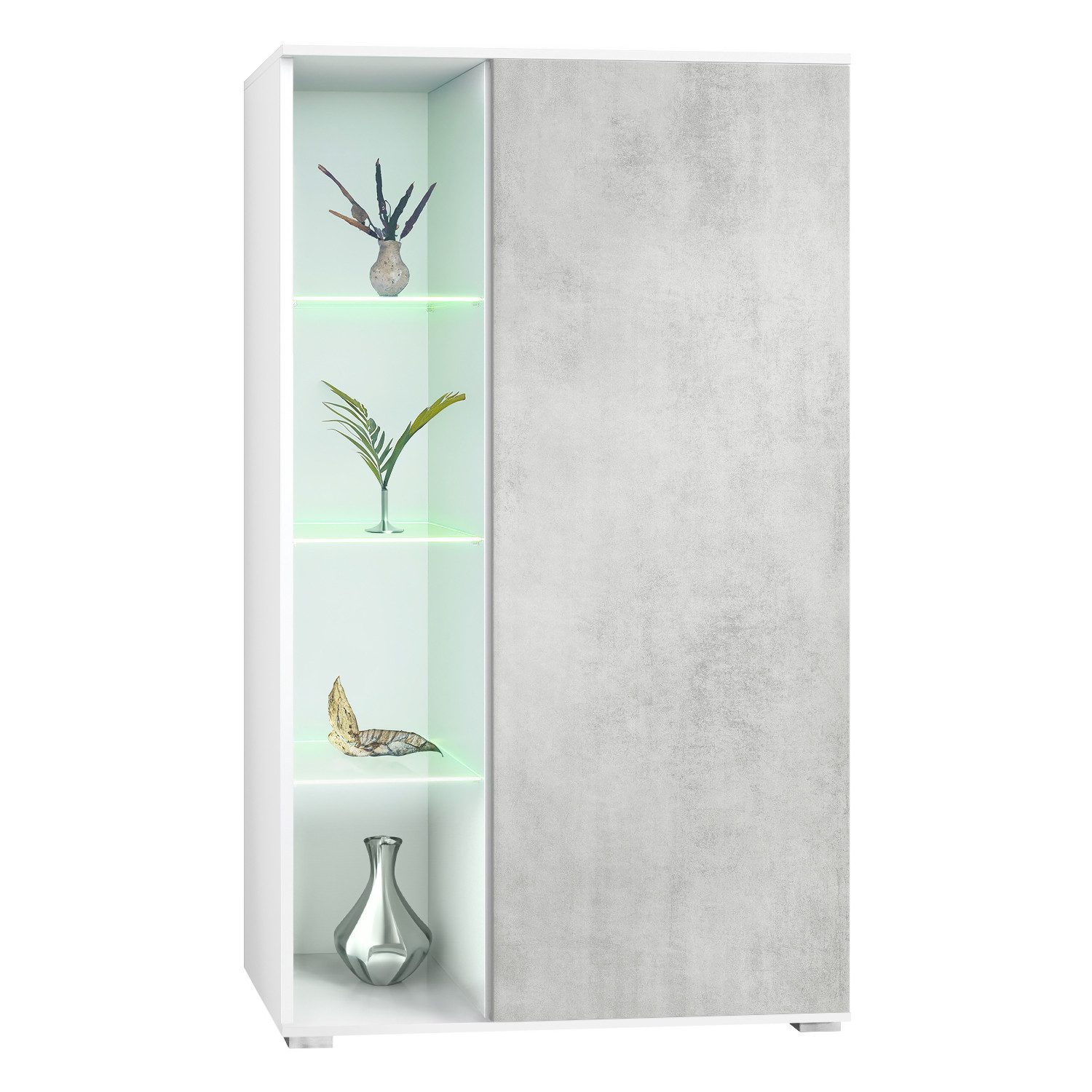 Vladon Standvitrine Davos (Standvitrine, mit 3 Glasböden und 8 Fächer inkl. LED) Weiß matt/Beton Oxid Optik (71,5 x 134 x 35 cm)