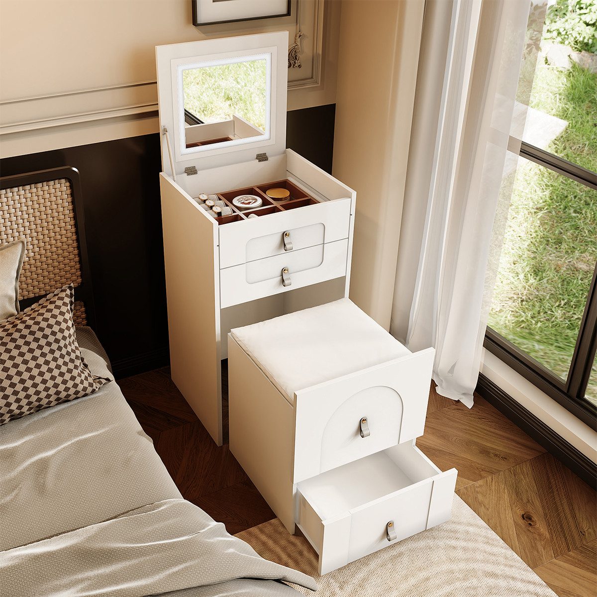 XDeer Nachtkonsole Nachttisch mit Spiegel und LED-Beleuchtung Multifunktionaler, Schminktisch Weiß