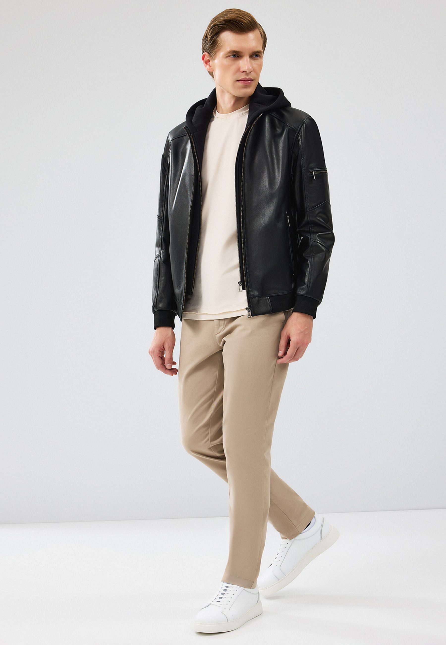 Derimod Lederjacke Niko Lederjacke mit Kapuze Regular Fit, Reißverschluss, Mit Kapuze, Kurz, Textilfutter