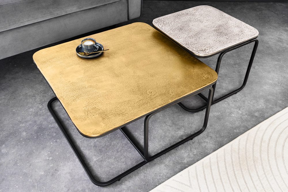 riess-ambiente Couchtisch ABSTRACT 60cm gold / silber / schwarz · handmade, Metall, quadratisch (Set, 2-St), 2 Beistelltische - ideal für glamouröse Schlaf-, Arbeits- & Wohnzimmer