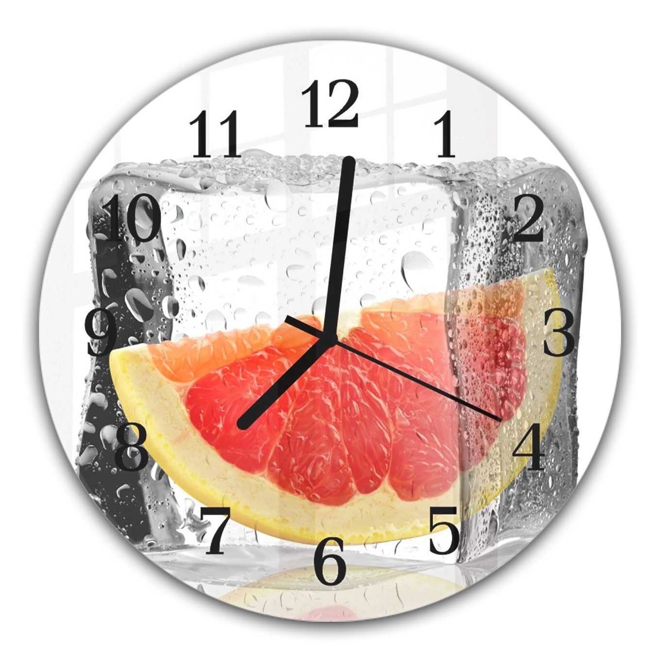 Primedeco Wanduhr Wanduhr aus Glas mit Motiv Grapefruitschnitz in Eiswürfel - Rund mit Durchmesser 30 cm und Quarzuhrwerk