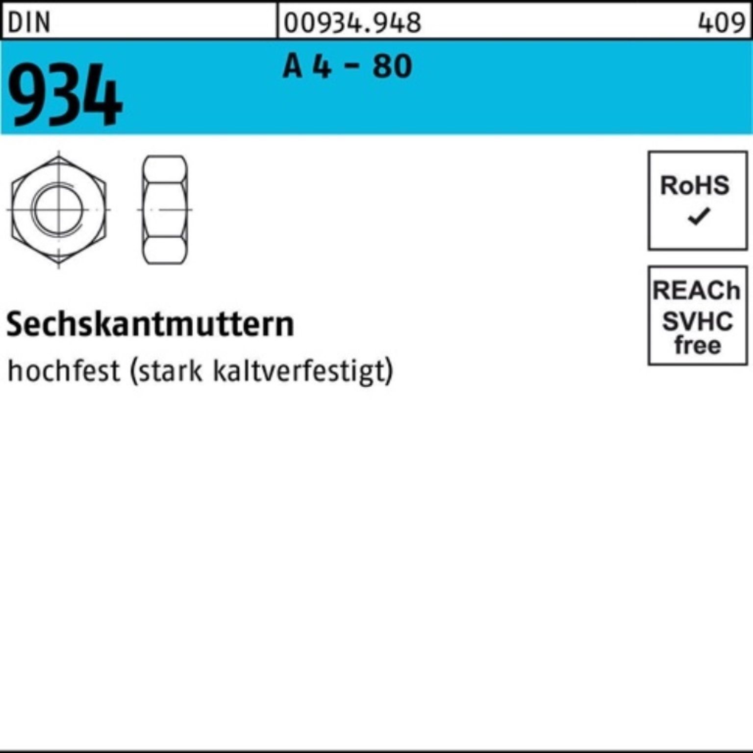 Reyher Muttern 100er Pack Sechskantmutter DIN 934 M20 A 4 - 80 50 Stück DIN 934 A 4