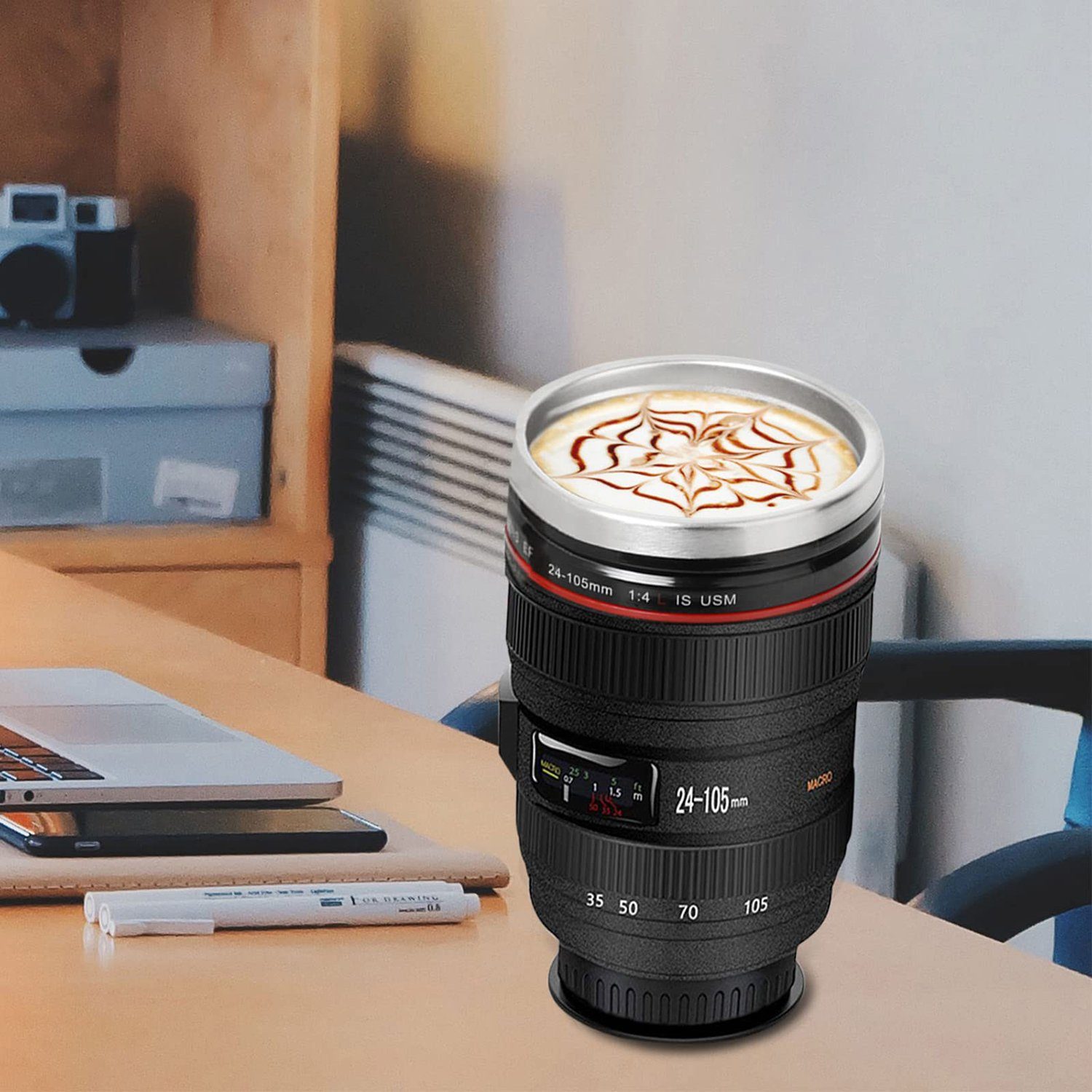 GelldG Becher Kamera-Objektiv-Kaffeetassen, Edelstahl-Trommel-Schale