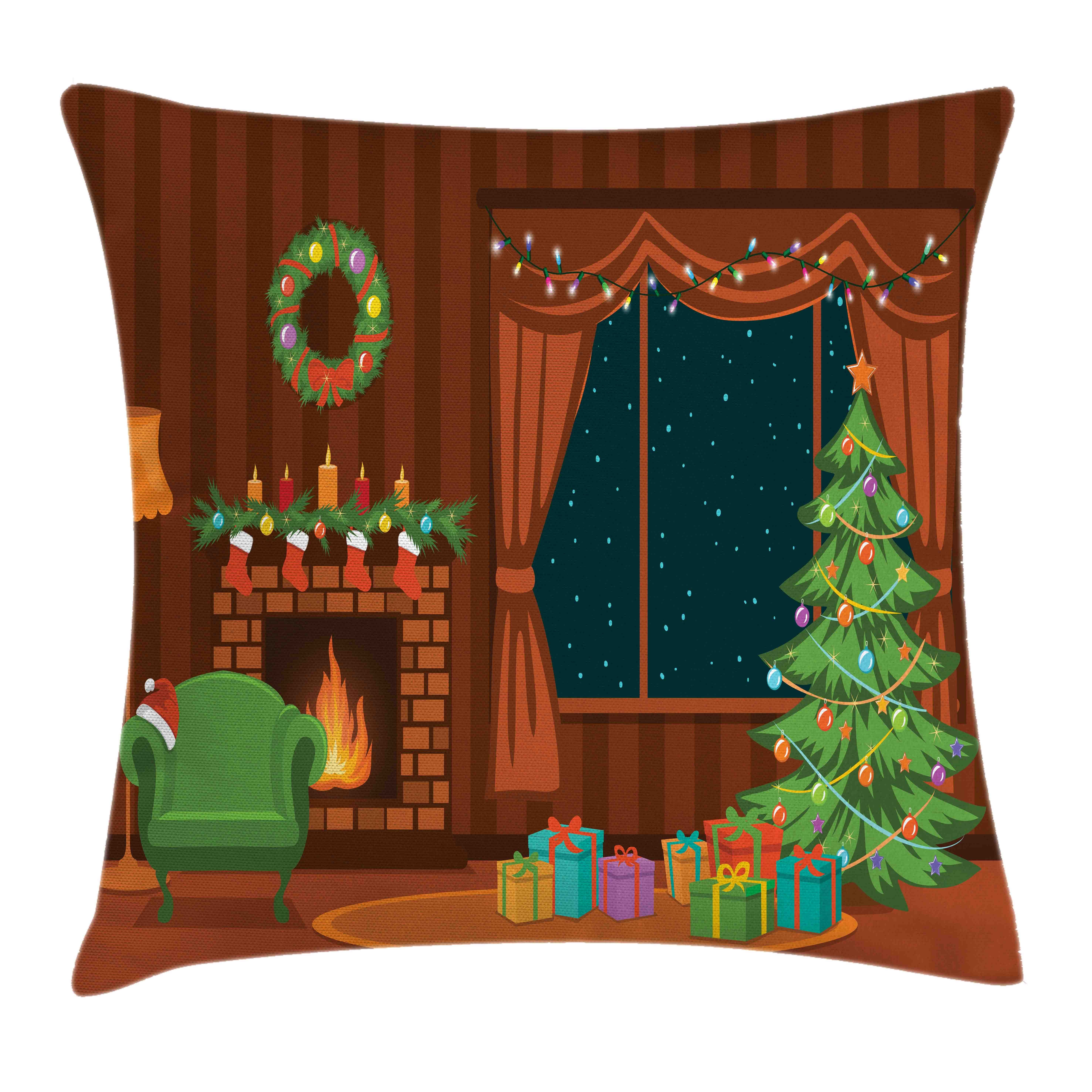 Kissenbezüge Reißverschluss Kissenhülle mit Farbfesten Farben Beidseitiger Druck, Abakuhaus (1 Stück), Kamin Cartoon-Weihnachtszimmer