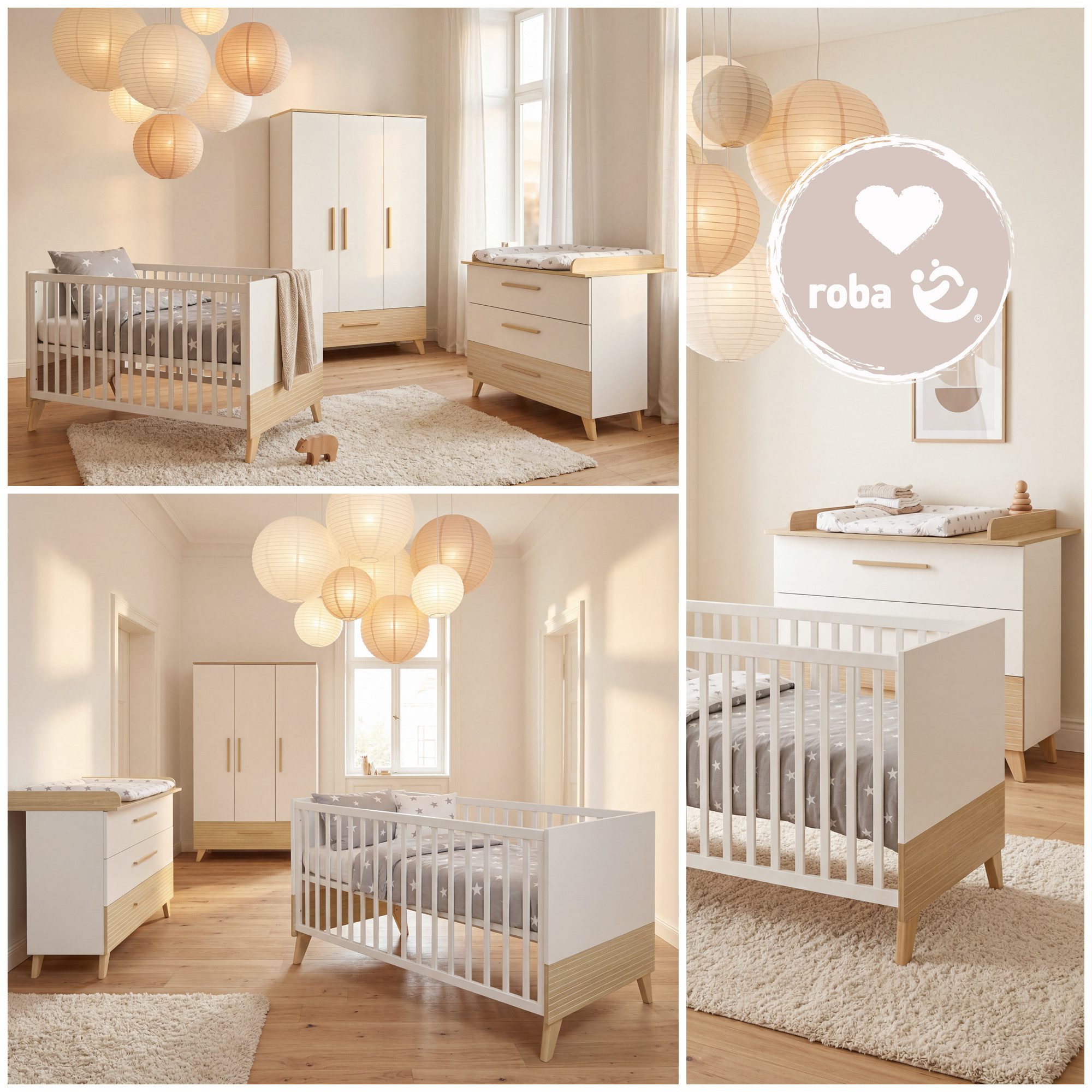 roba® Babyzimmer-Komplettset Theo - modernes Kinderzimmer in Weiß und Ulme - Holz, (Komplett-Set, 3-tlg., Babybett 70 x 140 cm, Wickelkommode, Kleiderschrank), Griffe & Füße aus Massivholz - Mit hochwertigen Fräsungen im Holz