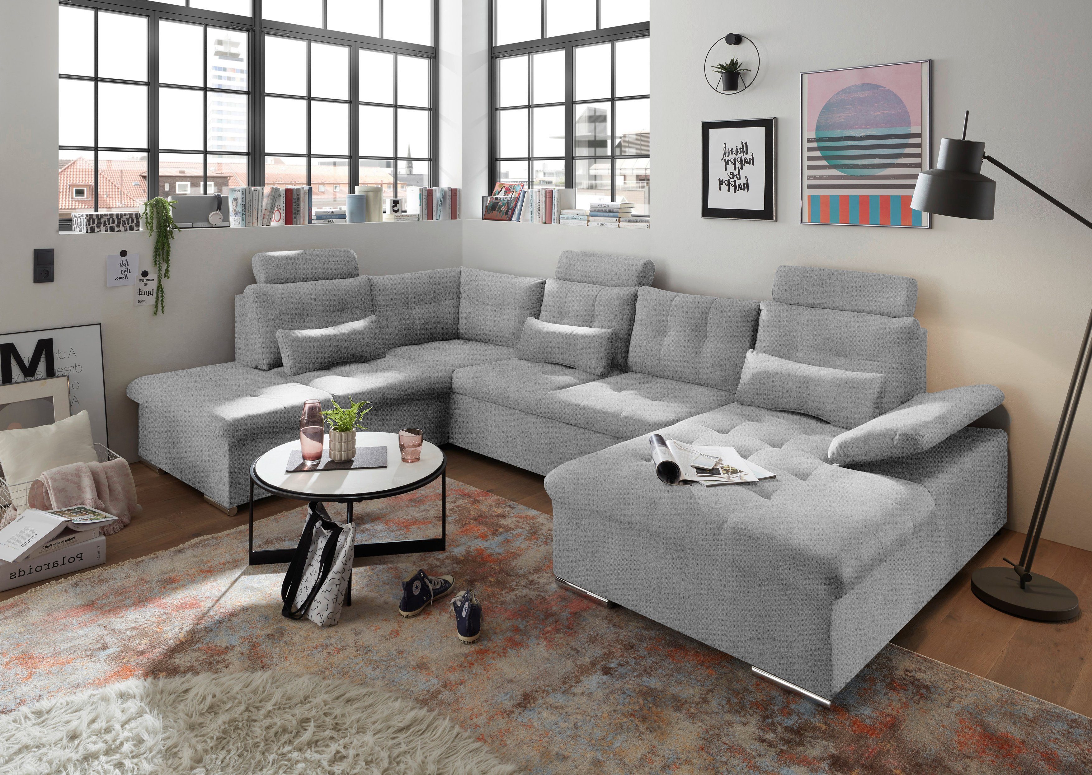 ED EXCITING DESIGN Wohnlandschaft Jakarta U-Form mit Bettfunktion, Bettkasten, Armteilverstellung, Kopfstützen & 3 Nierenkissen