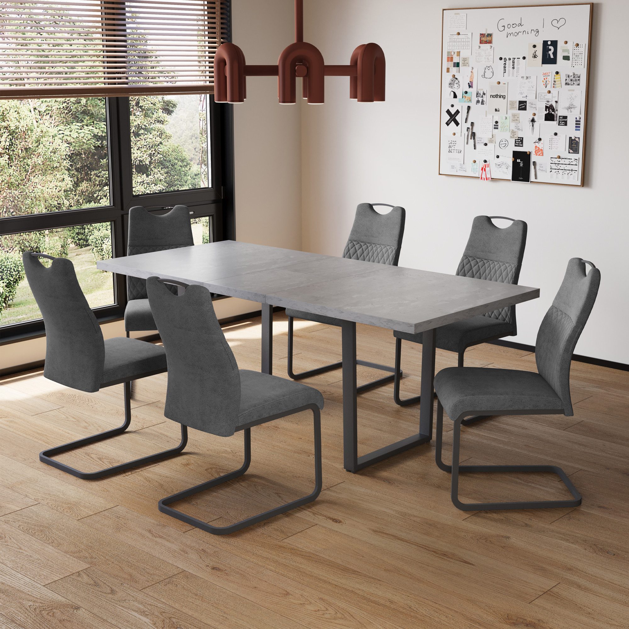 Jiexi Essgruppe Tisch-und Stuhlset, Ausziehbarer Esstisch (130–170 cm) mit 4-6 Stühlen
