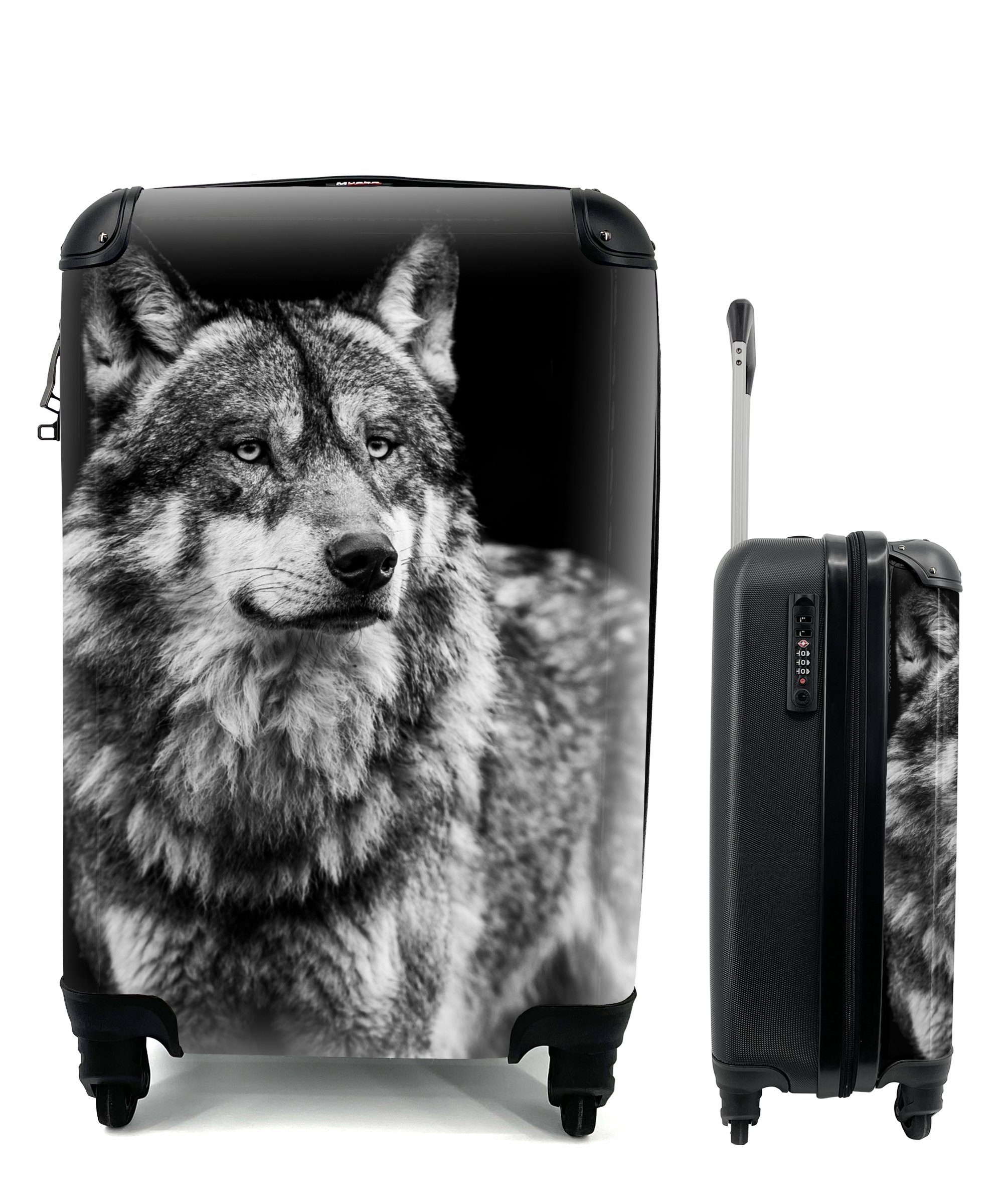 Wolf mit Reisetasche - Handgepäckkoffer MuchoWow Rollen, Handgepäck für Trolley, Reisekoffer 4 Weiß, Ferien, Schwarz - - Tiere - Wild rollen,