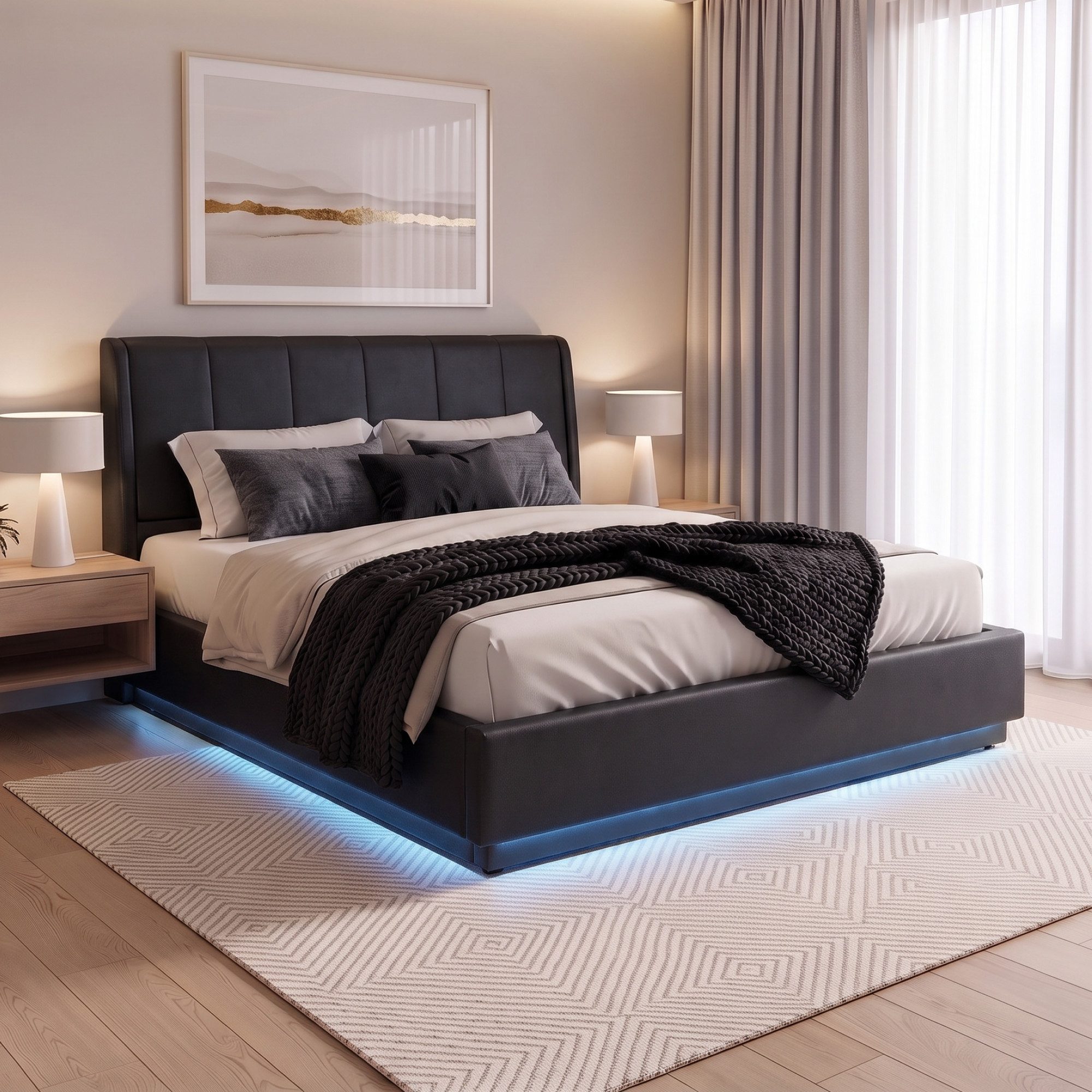 en.casa Polsterbett, »Tröstiar« mit LED-Beleuchtung Kunstleder 160 x 200 cm Schwarz