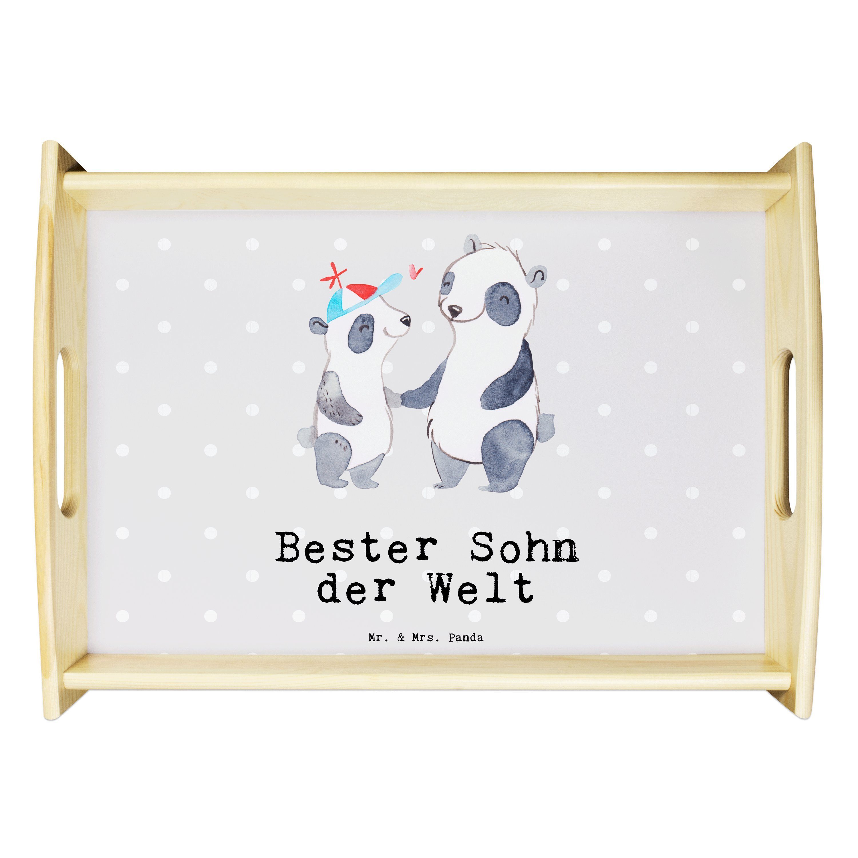 Mr. & Mrs. Panda Tablett Panda Bester Sohn der Welt - Grau Pastell - Geschenk, Küchentablett, Echtholz lasiert, (1-tlg)