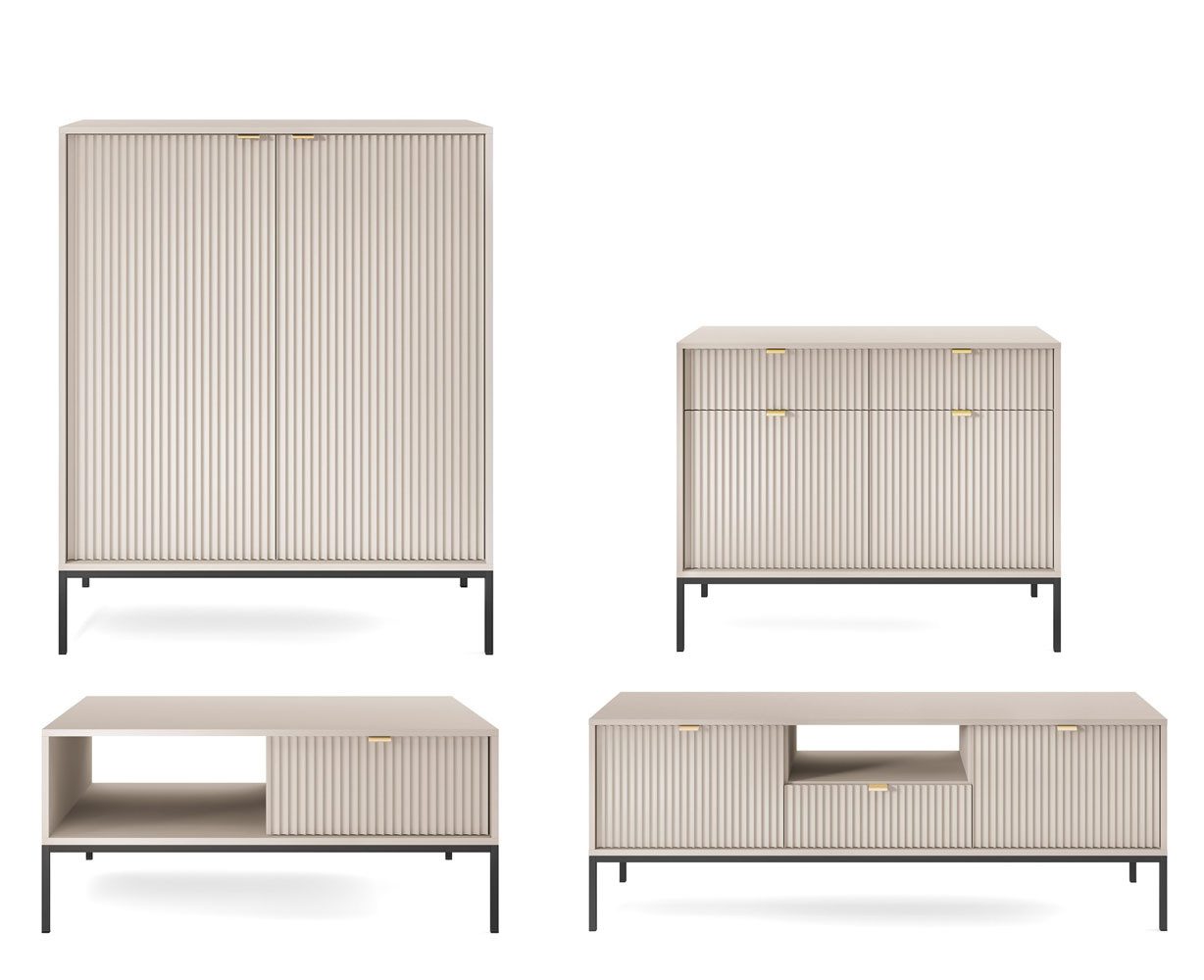 Feldmann-Wohnen Wohnwand Nova, (1 Highboard, 1 Kommode, 1 Couchtisch, 1 Lowboard, 1-St., Riffel-Optik Front, goldfarbene Metallgriffe, ABS-Kanten), 4-teilig MDF Kaschmir