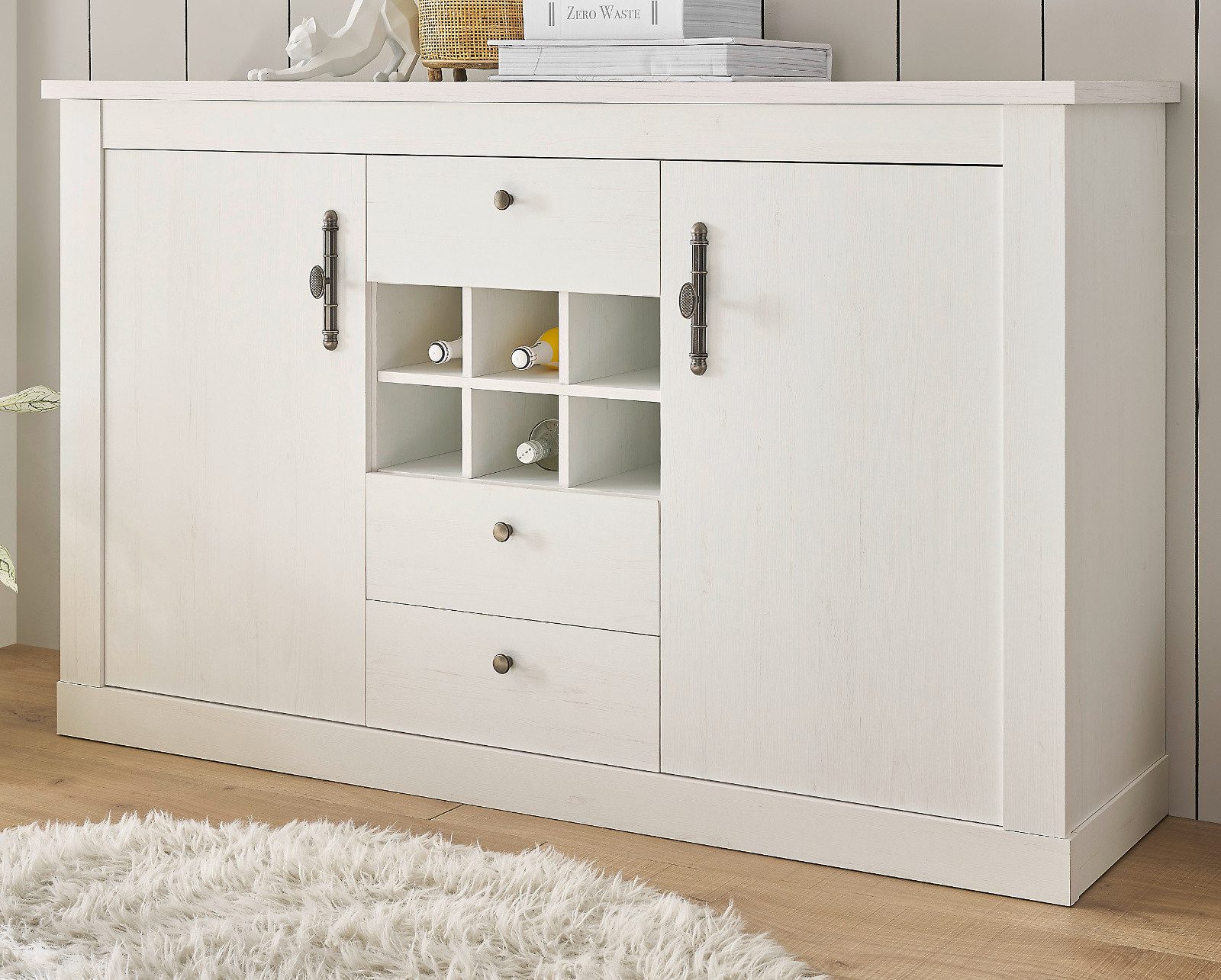 Furn.Design Sideboard Fiastra (Hochkommode in Pinie weiß Landhaus, 166 x 100 cm), mit viel Stauraum, Soft-Close-Funktion