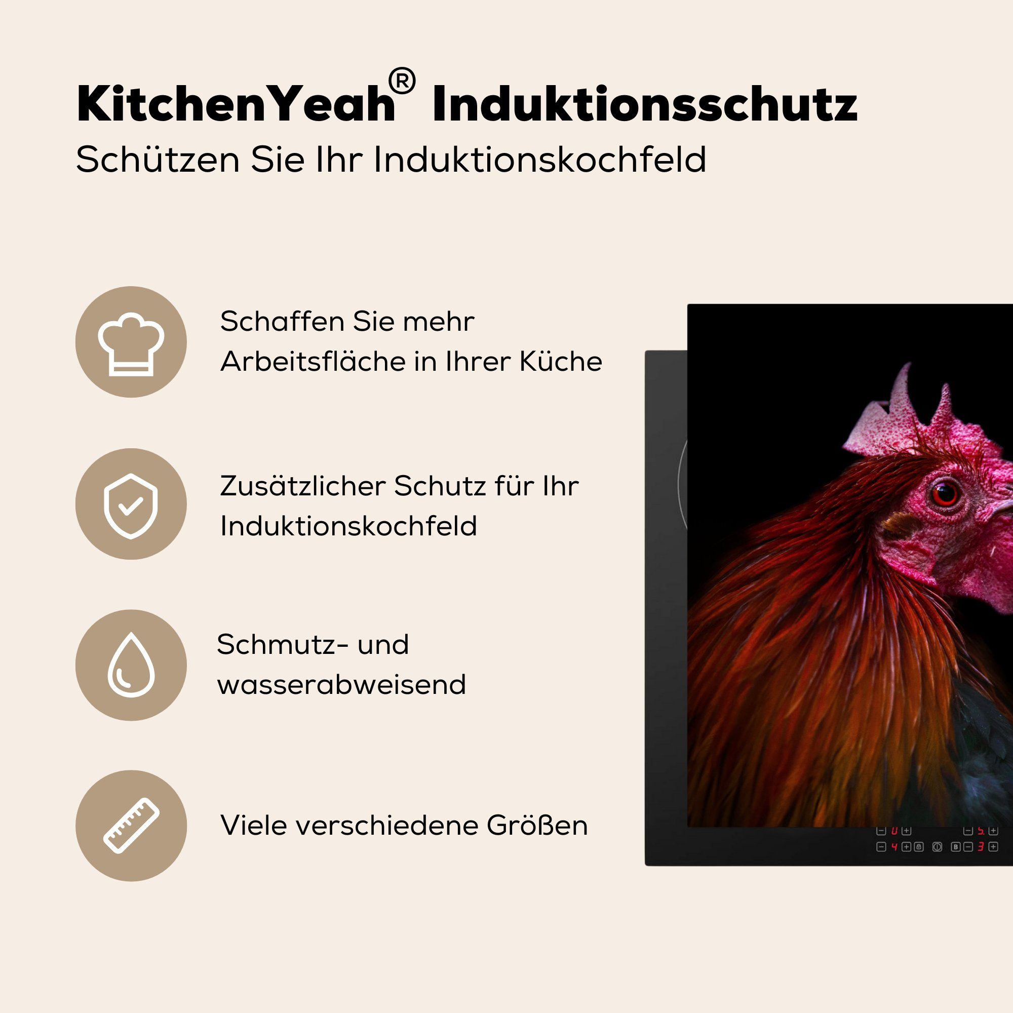 MuchoWow Herdblende-/Abdeckplatte Porträt eines Hahns, cm, küche, Vinyl, für die Ceranfeldabdeckung Induktionskochfeld tlg), Schutz (1 81x52