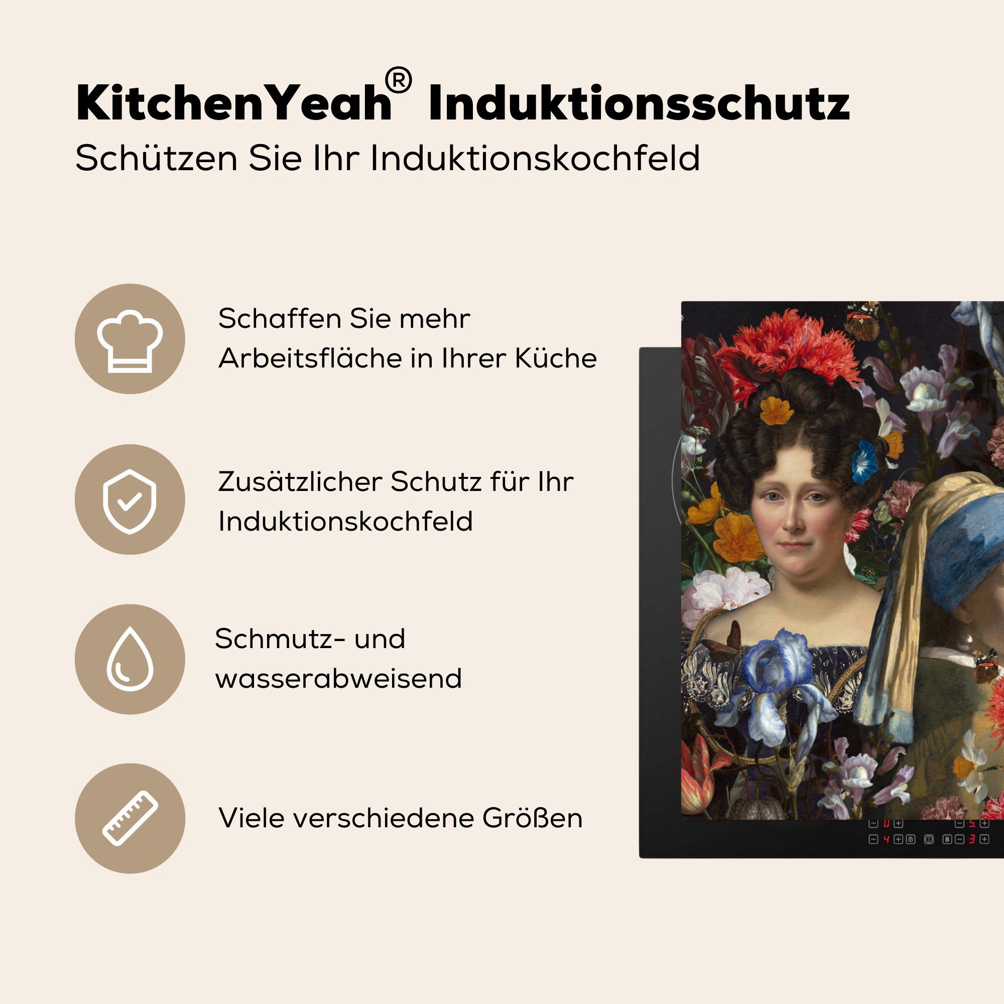 Meister Malerei Herdblende-/Abdeckplatte Collage cm, für 81x52 Ceranfeldabdeckung Alte - küche, - tlg), Schutz (1 - Blumen, die Vinyl, Induktionskochfeld MuchoWow