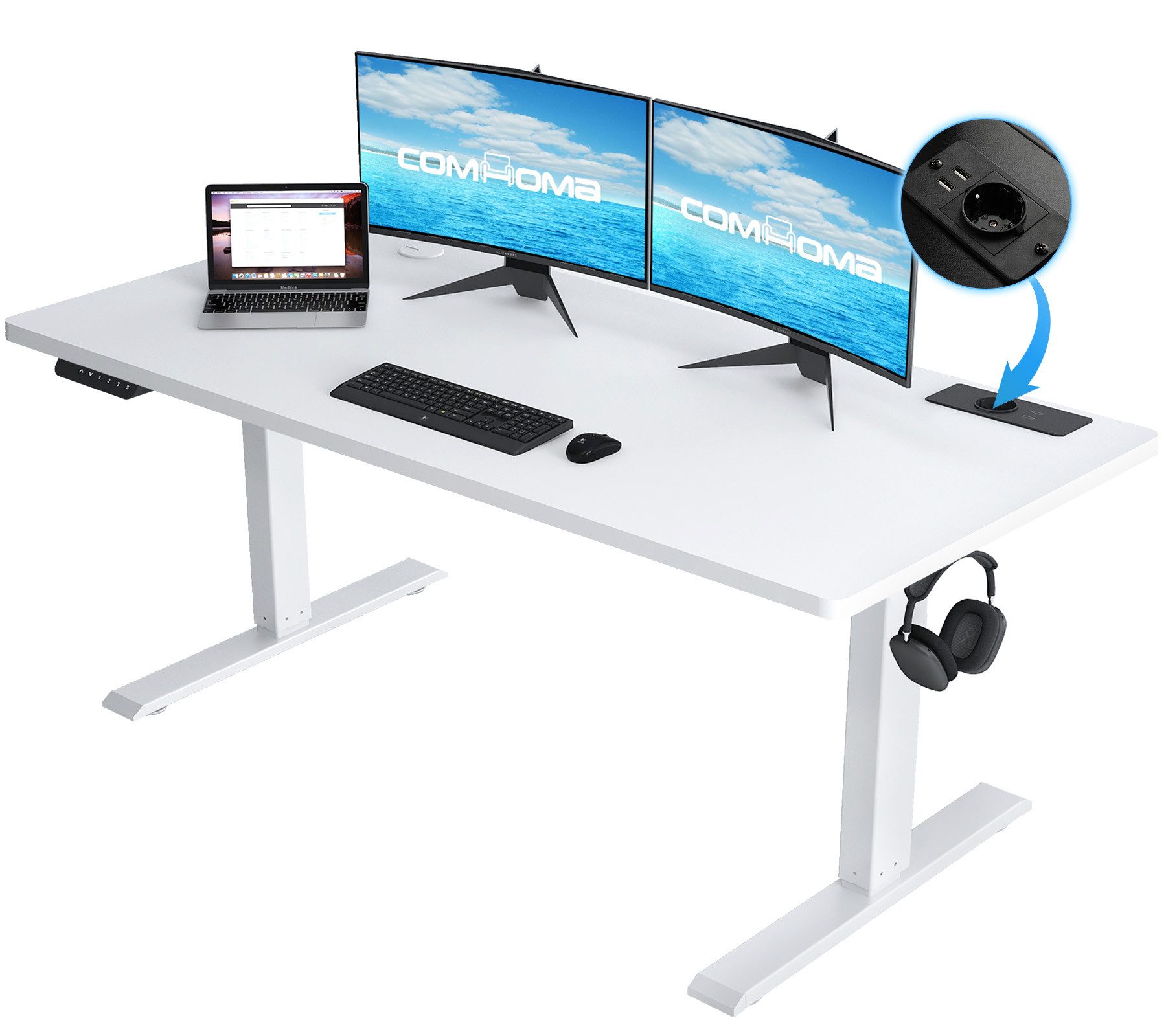 COMHOMA Schreibtisch Höhenverstellbarer Schreibtisch 140x60 cm mit USB-Buchse und Haken (1 Tisch), Verstellbarer Computertisch, Stehpult Stehschreibtisch