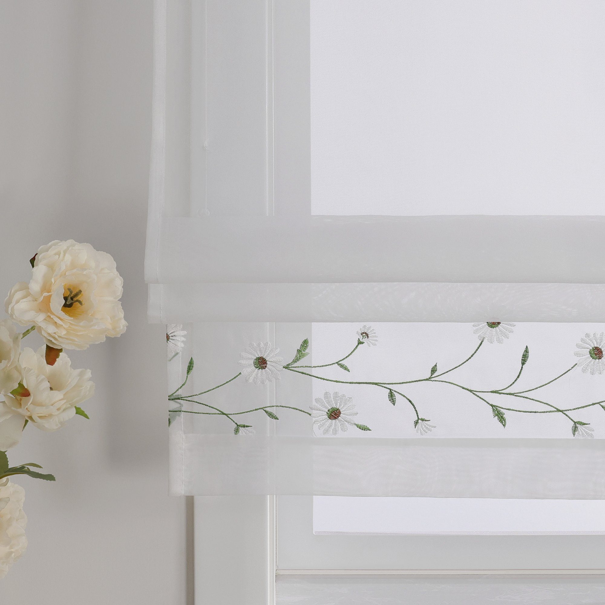 Raffrollo, Joyswahl, Bestickte Landhausstil Gardine mit weiß Blumen