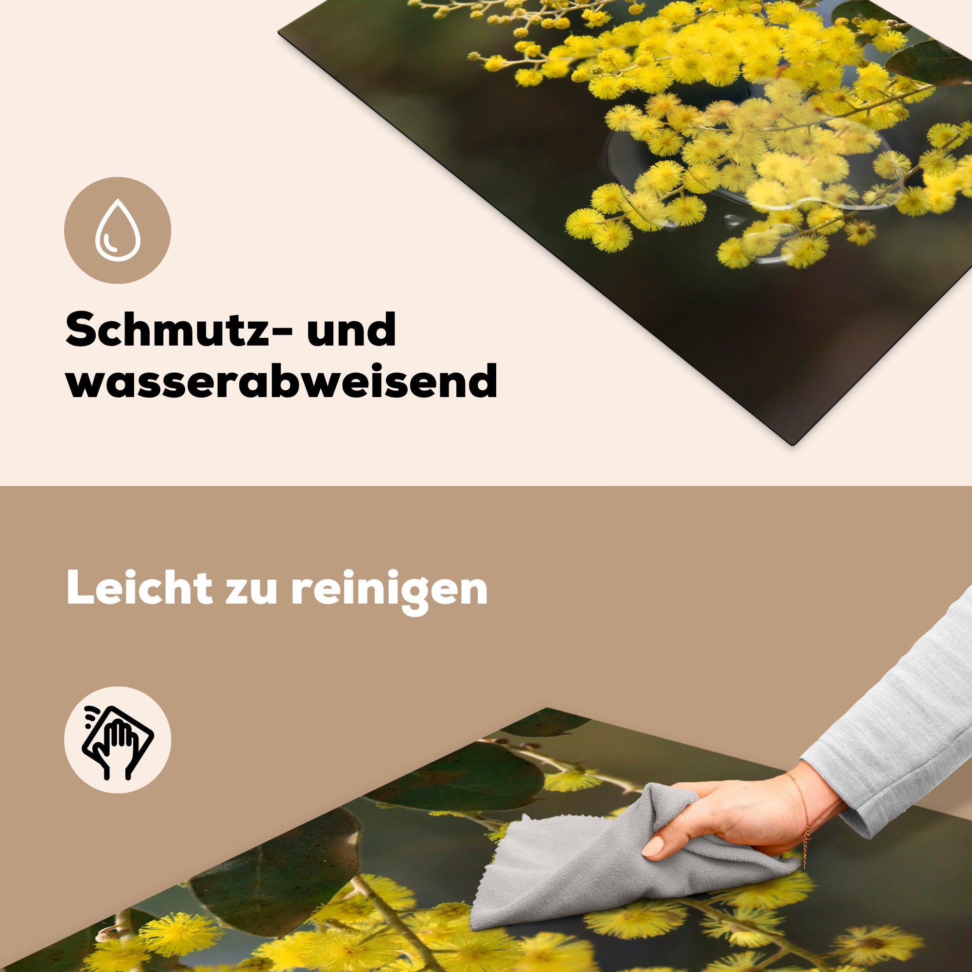 gelben cm, mit (1 Ceranfeldabdeckung, Vinyl, Mimosenpflanze Arbeitsplatte küche für tlg), 83x51 Blättern, MuchoWow Herdblende-/Abdeckplatte