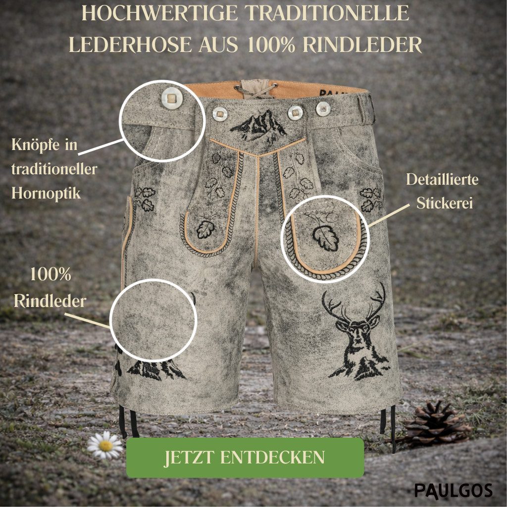 PAULGOS Trachtenhose Herren Lederhose Kurz mit Trägern 100% Echtleder - HK4 ANTIK