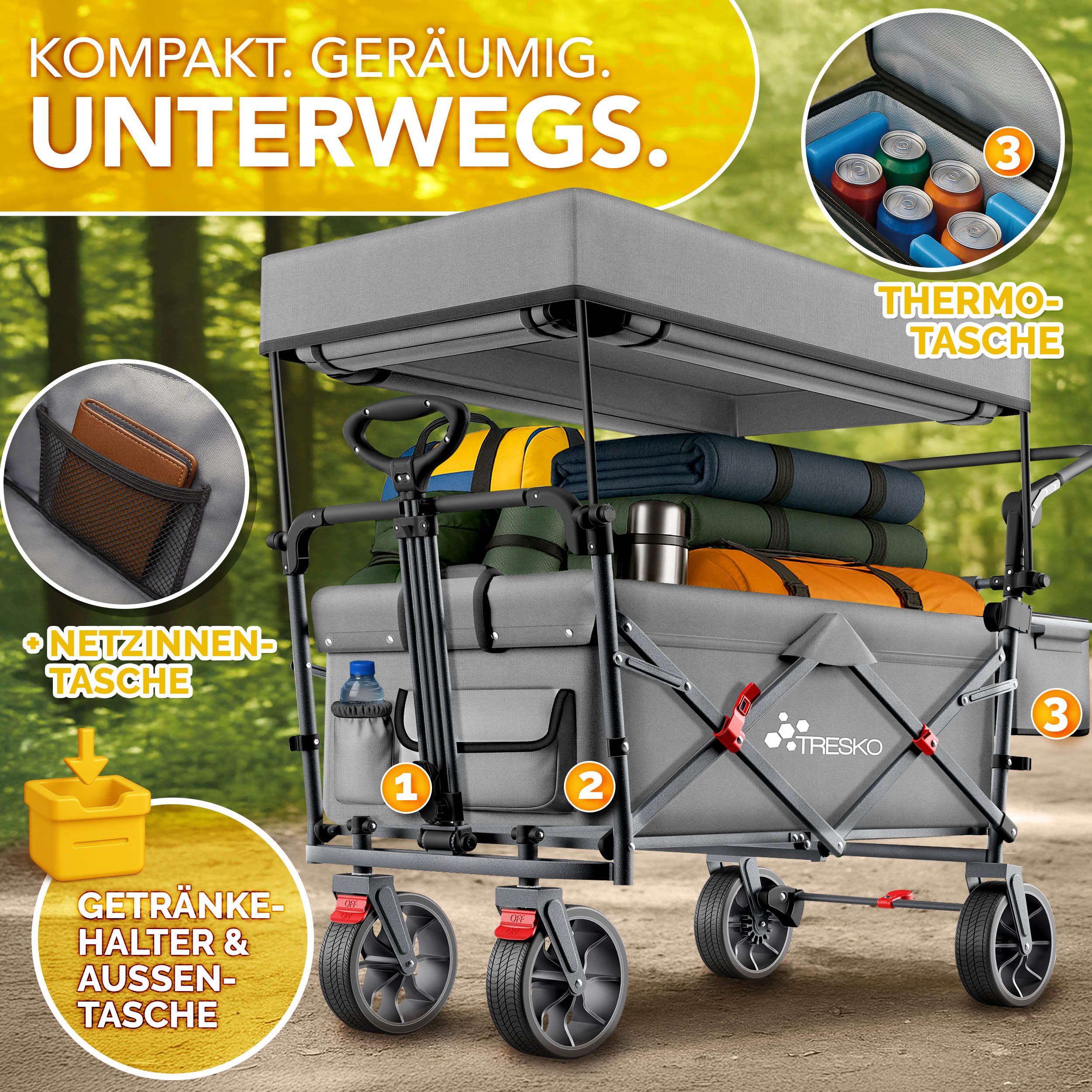 TRESKO Bollerwagen TRESKO Faltbarer Bollerwagen Handwagen (Feststellbremsen (Vorne & Hinten) und 3-Punkt-Gurt, max. belastbar bis 150kg Transportwagen mit Vollgummireifen), Faltbar mit Dach, Kühlfach & Seitenrollos Handwagen