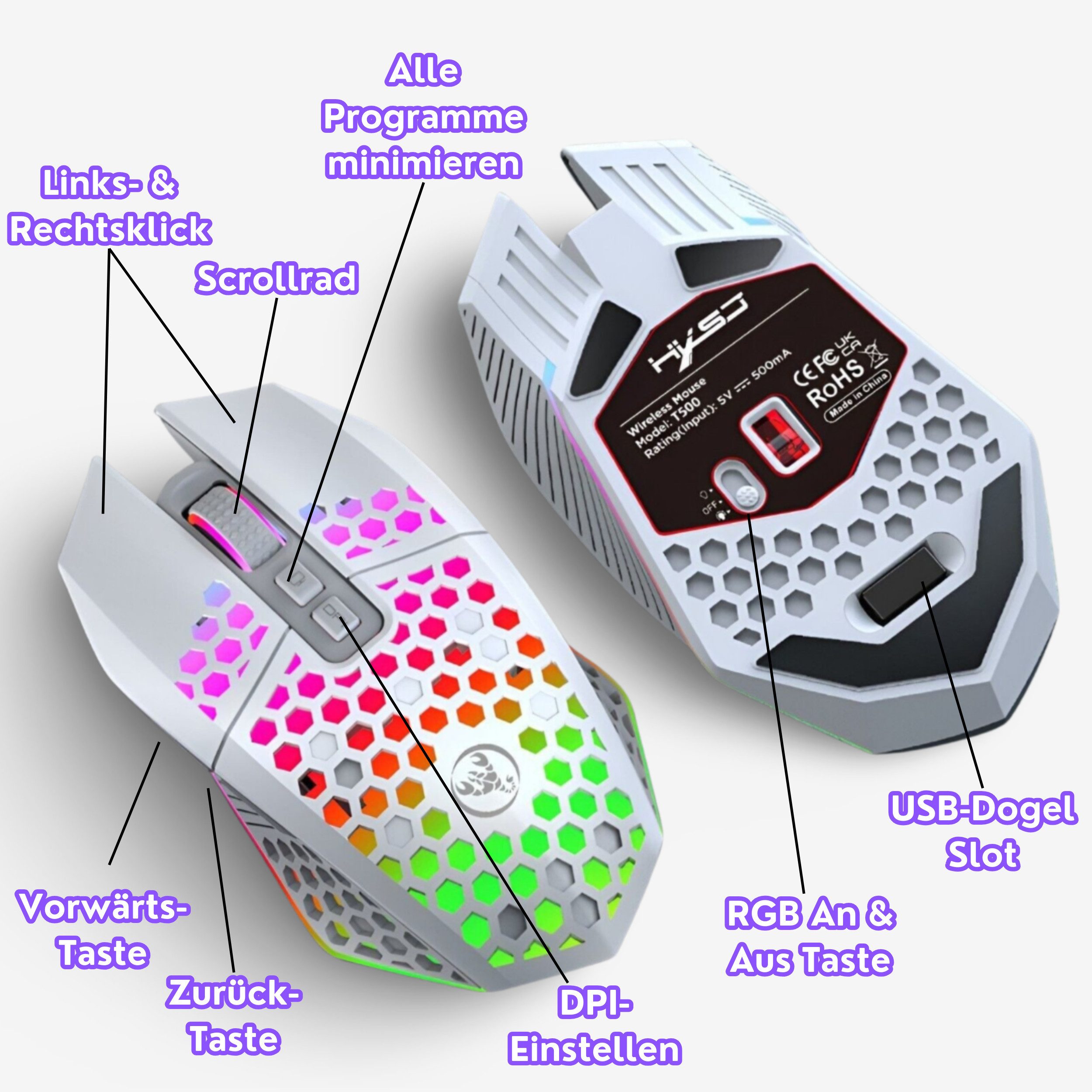 RUHE RGB Gaming Maus Kabellos Wireless Leise Weiß Schwarz USB Fixed RGB Gaming-Maus (Funk, bis zu 120h Akkulaufzeit Wireless Gamer Maus für PC, Mac, Laptop, Wei – Bild 3 von 5