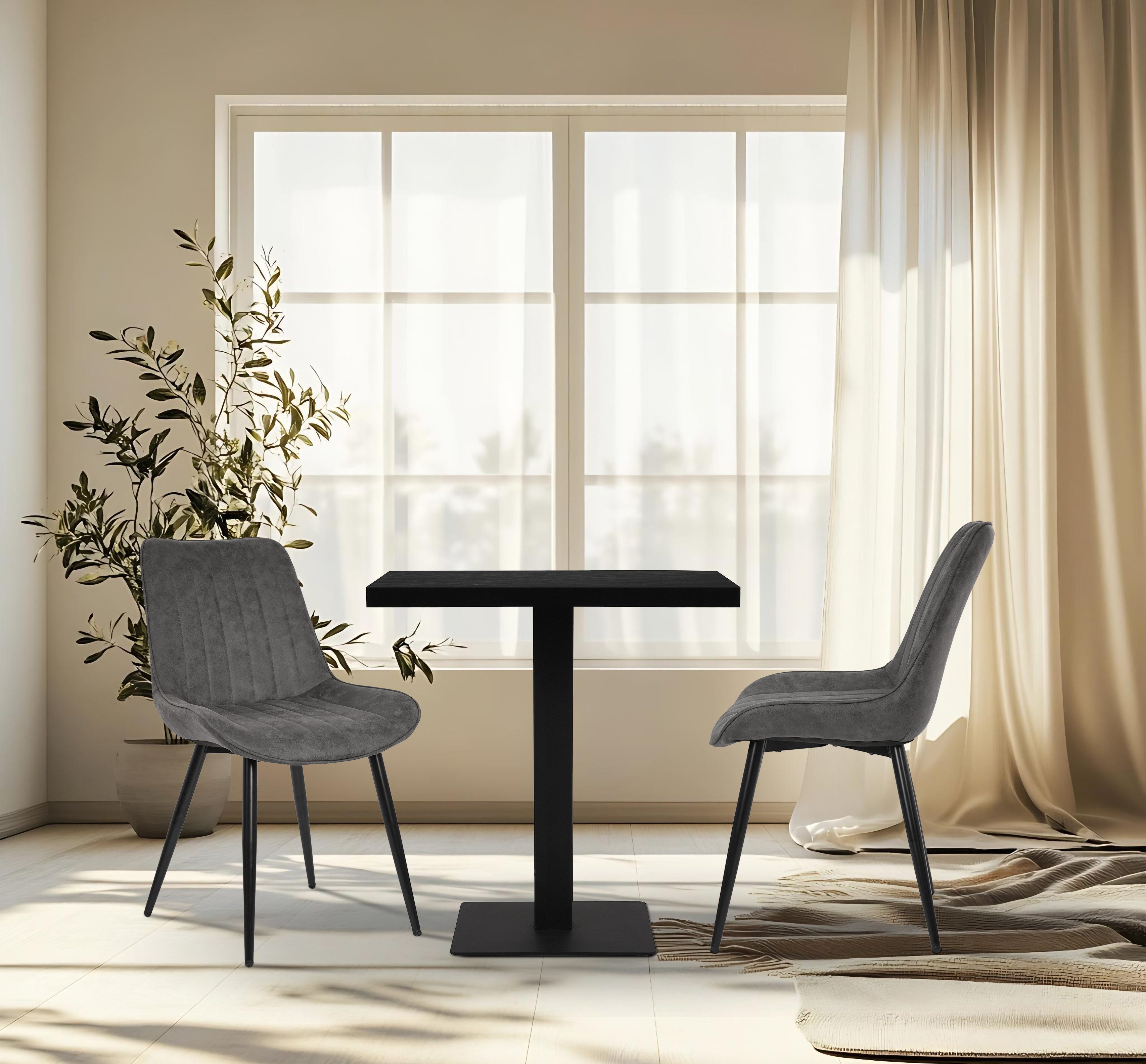 YOZI Essbank Sitzbank + Esszimmerstuhl Dunkelgrau Kunstleder Metallbeine schwarz (5-St)