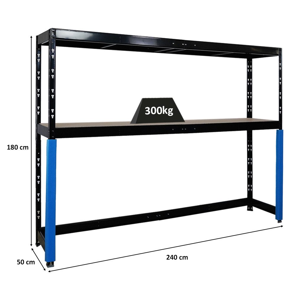 PROREGAL® Schwerlastregal Garagenregal HERCULES HxBxT 180x240x50cm Schwarz, Unterfahrbar 2 Lagerebenen mit je 300kg Fachlast