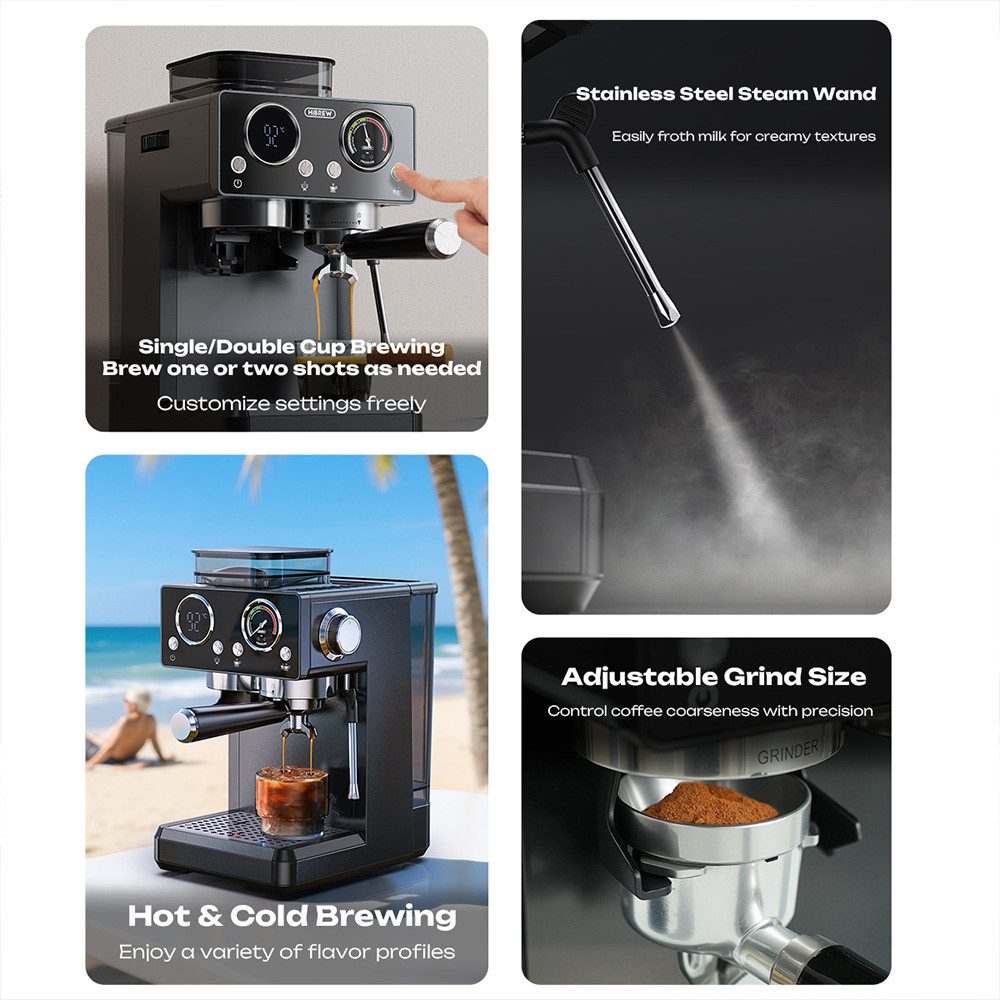 HiBREW Kaffeemaschine mit Mahlwerk, 20-stufige Mahlgradeinstellung, Dampfdüse für Latte