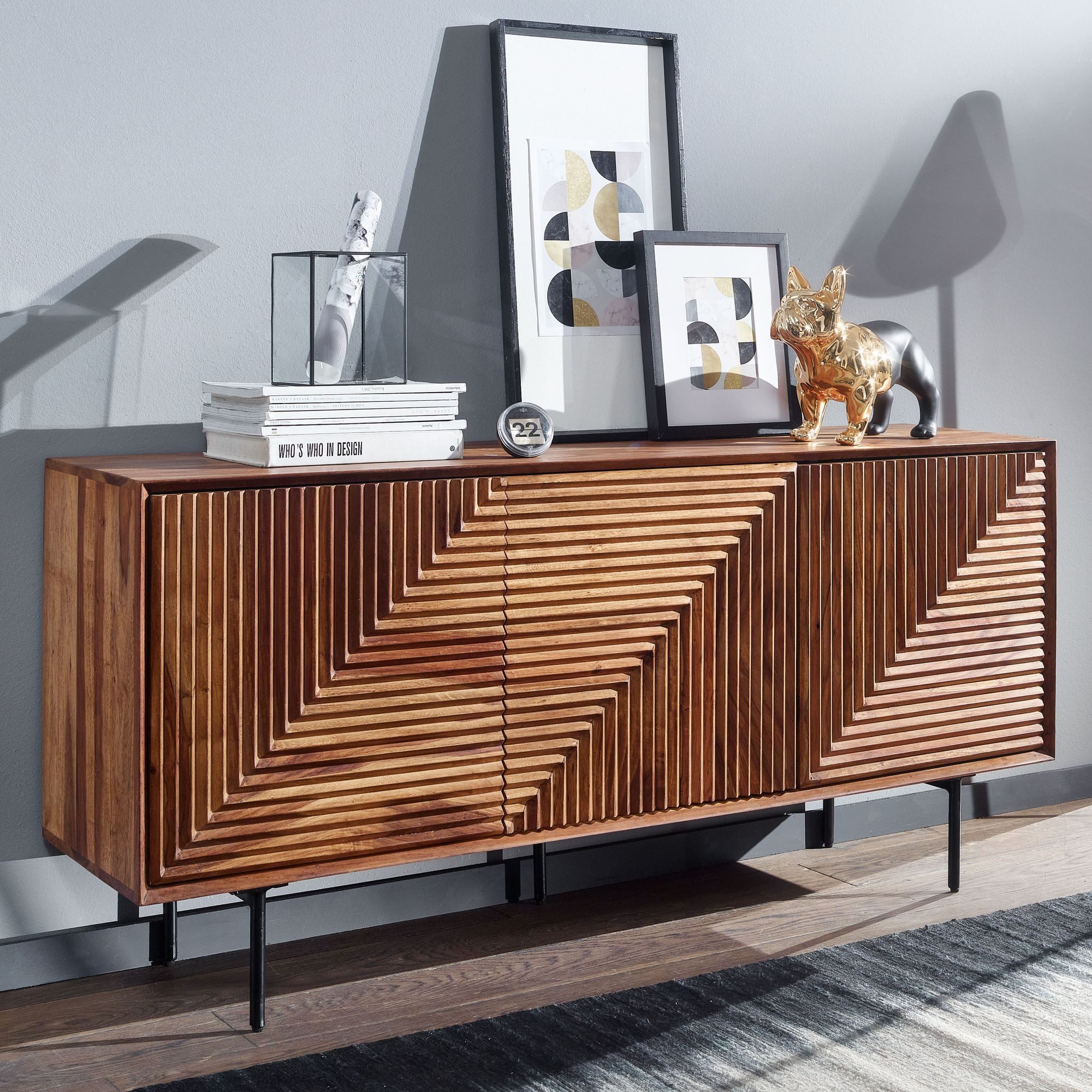 furnicato Sideboard Massivholz, Walnuss Finish 148x72x40 cm Braun (1 St), Anrichte mit 3D-Fronten und Magnetstoppern für dein Wohnzimmer