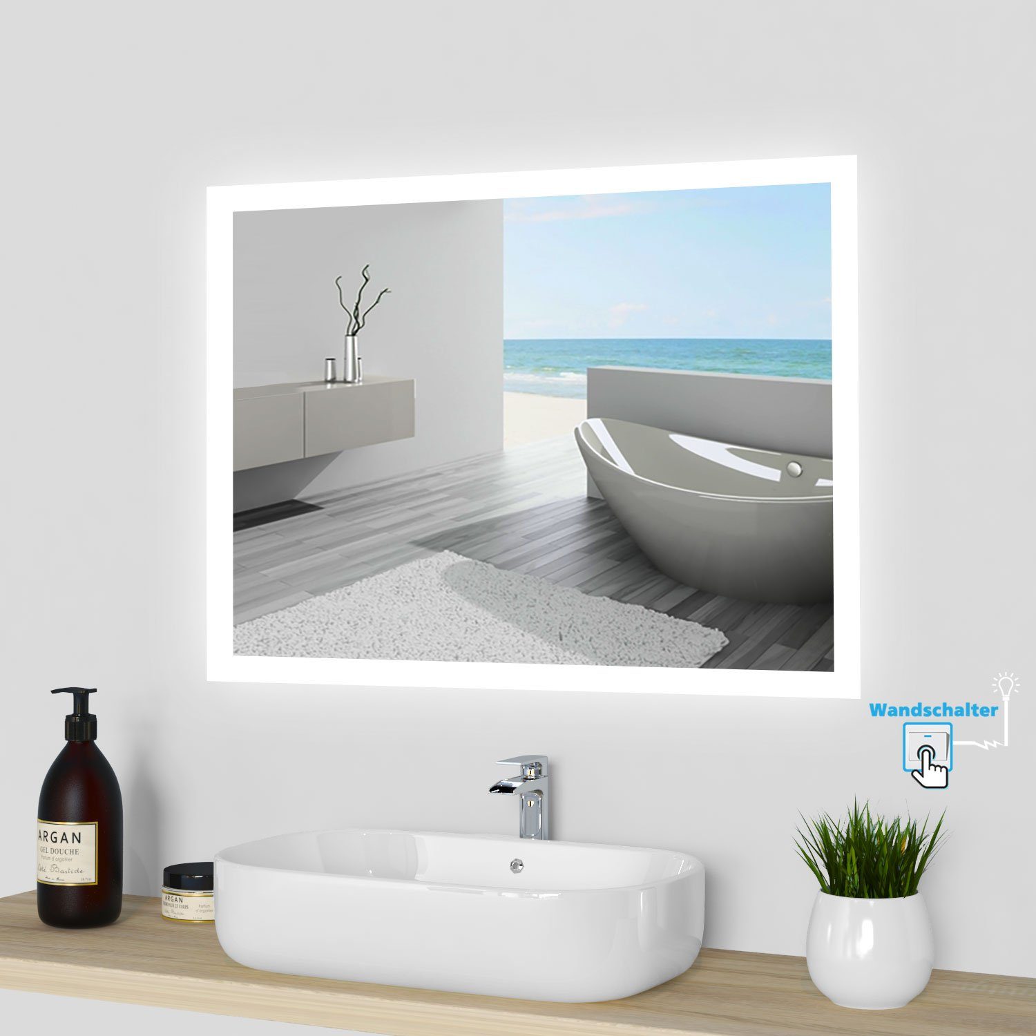 duschspa Badspiegel Spiegel mit LED Beleuchtung 60x50 cm bis 160x80 cm,  Wandschalter+Beschlagfrei