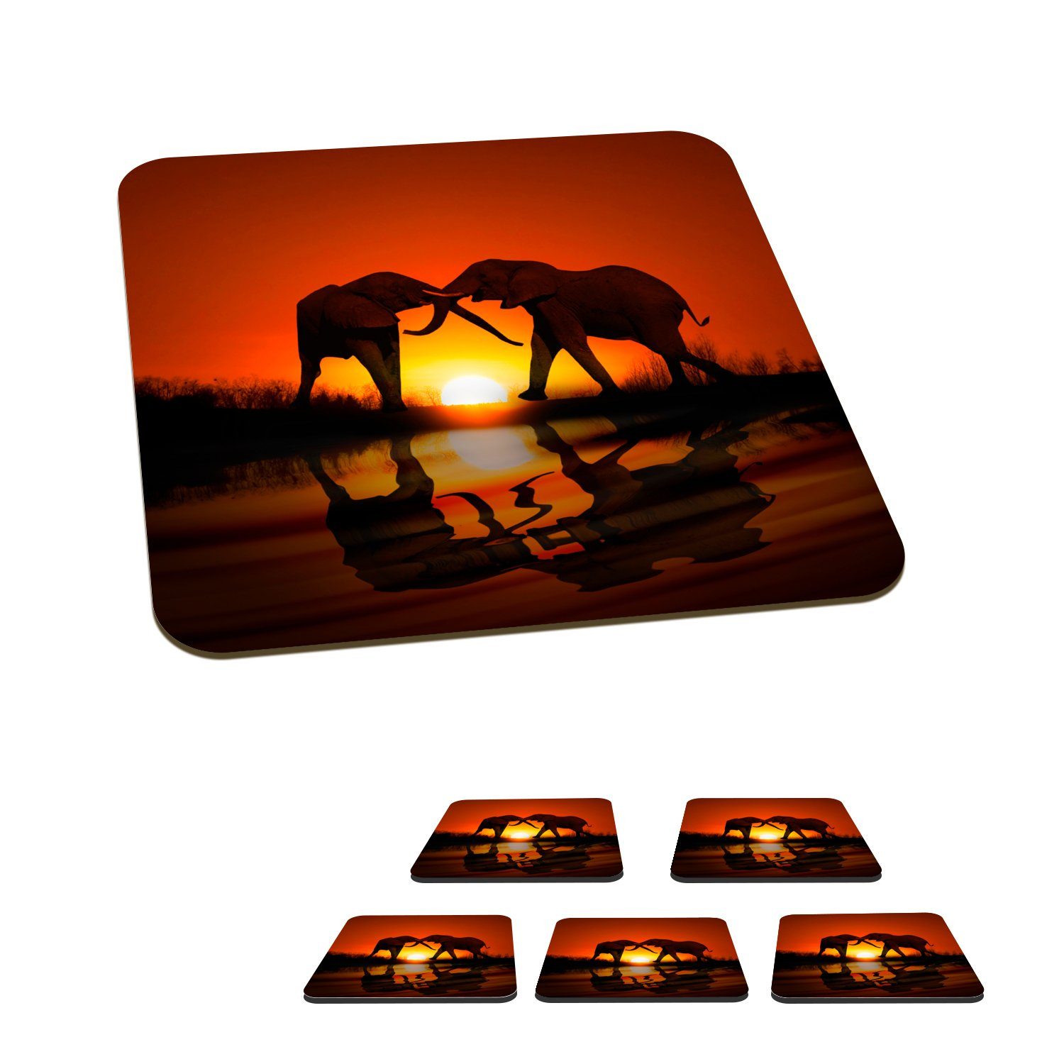 MuchoWow Glasuntersetzer Elefantenpaar bei Sonnenuntergang, Zubehör für Gläser, 6-tlg., Glasuntersetzer, Tischuntersetzer, Korkuntersetzer, Untersetzer, Tasse