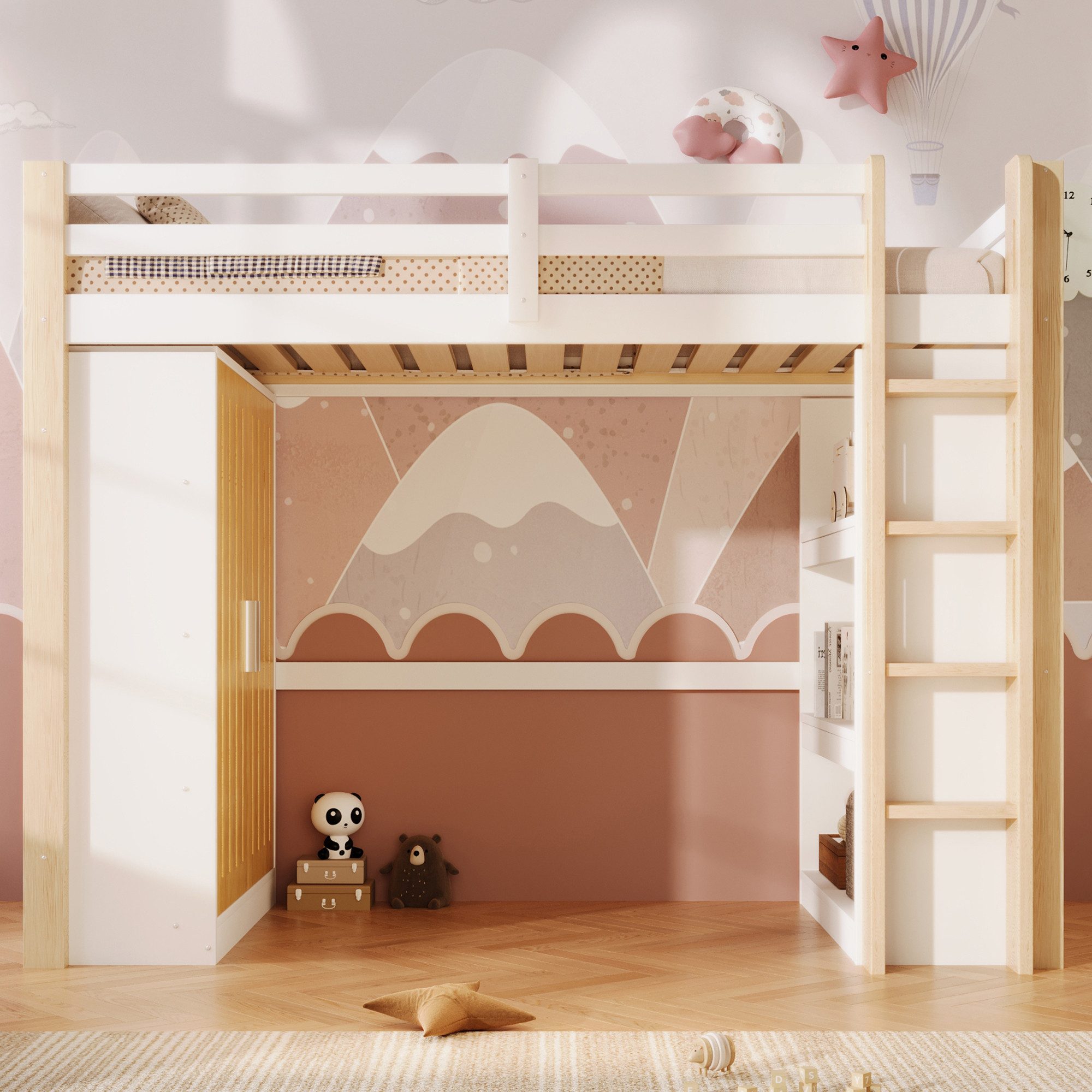 Merax Hochbett mit LED-Beleuchtung (Jugendbett Holzbett, 1-St) Kiefernholz Kinderbett 90x200cm mit Kleiderschrank Regal Schreibtisch