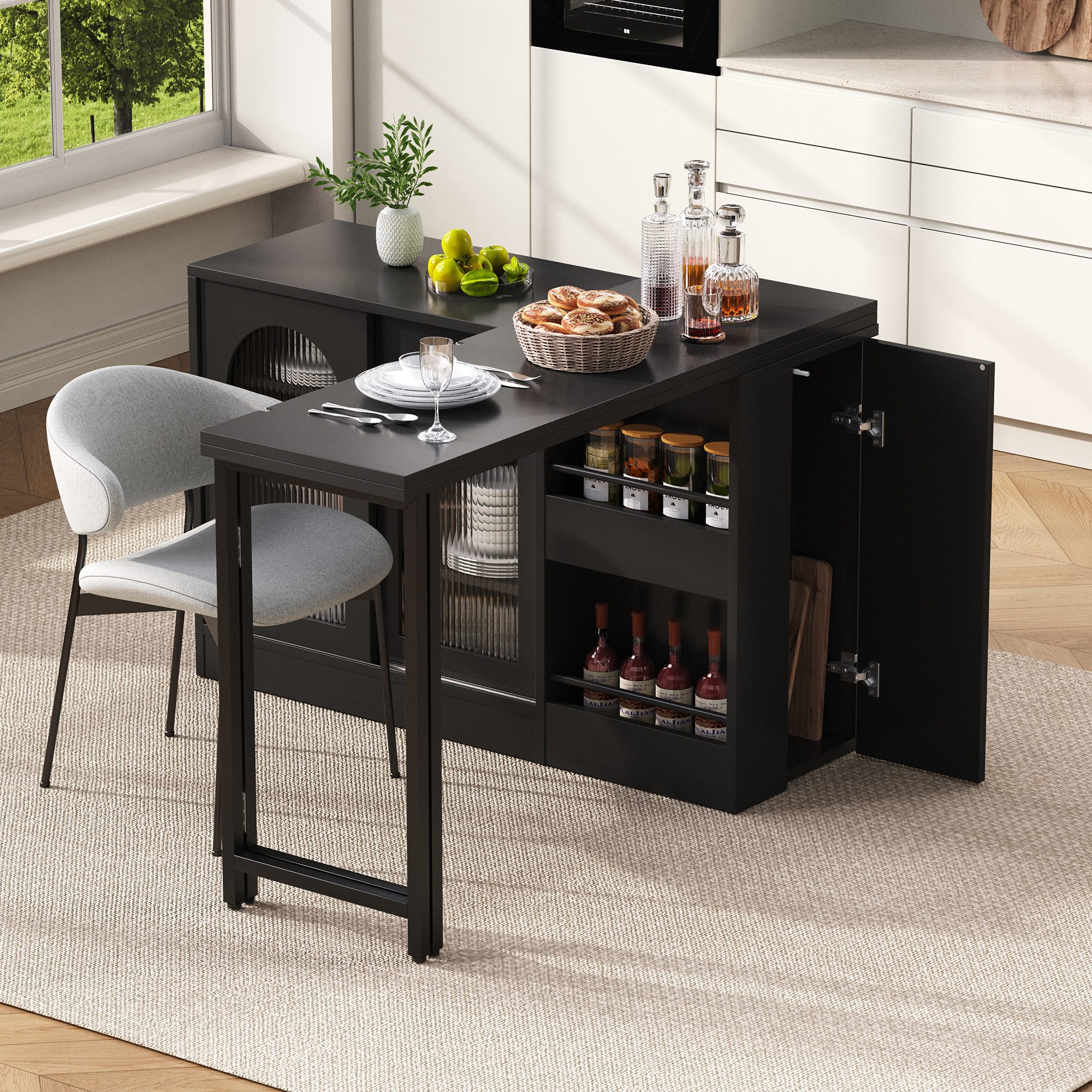 Odikalo Bartisch Sideboard mit Esstisch, Ausziehbar, Drehbare (Moderner Bartisch, Ausziehbar 360° Drehbare Bartisch Mit Stauraum, Reversibel Tisch Sideboard Bar Mit Glasschranktür, Bar Tisch Für Küche Kaffeebar Möbel, Schwarz / Weiß)