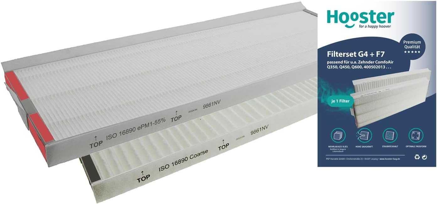 Hooster Luftfilter 1 Filterset kompatibel mit Zehnder Filter ComfoAir Q350, (NICHT ComfoAir 350) / Q450 / Q600, Filter G4 + F7 je 1 Stück