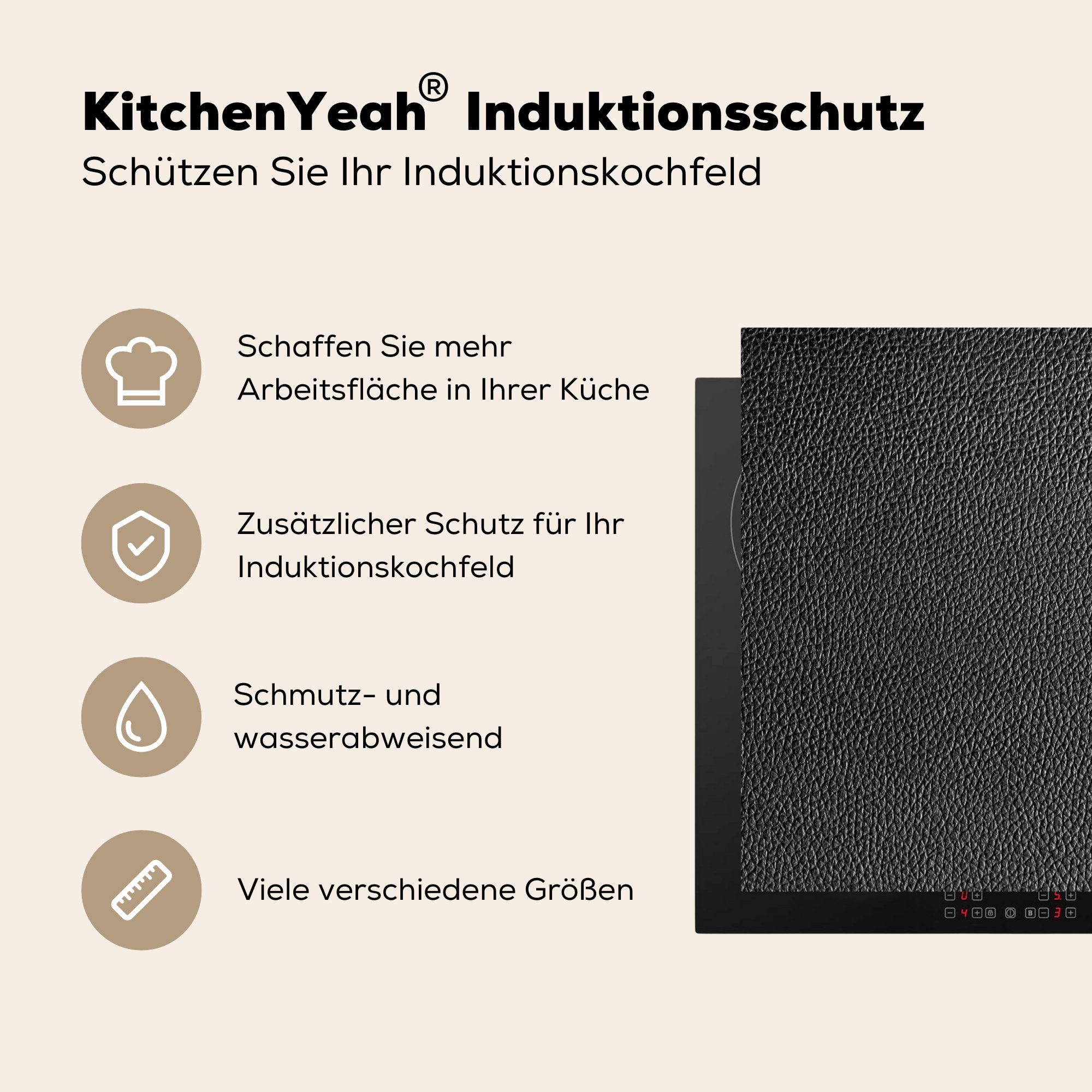 (1 - Induktionskochfeld Vinyl, 58x51 - Herdblende-/Abdeckplatte für - Dekoration Schwarz Küchen cm, tlg), Induktionsherd, Hell, Leder MuchoWow Lederoptik