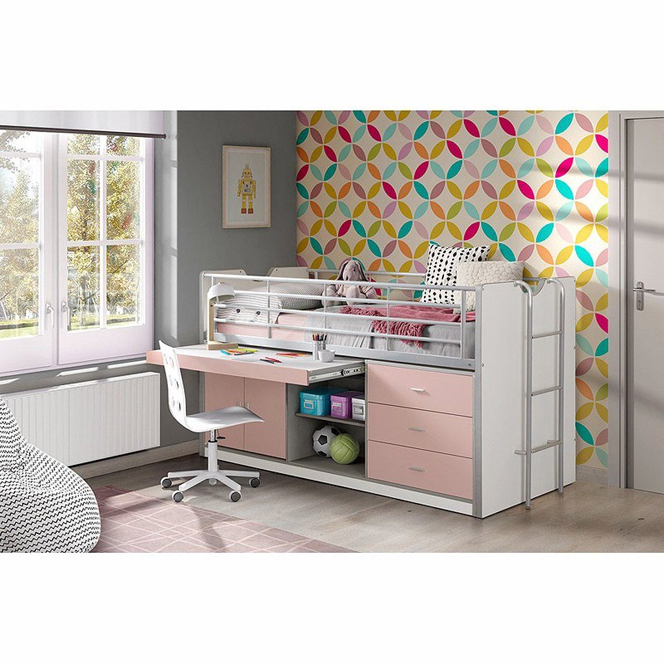Lomadox Hochbett Kinderbett mit Schreibtisch BONNY-12, 90x200cm, Weiß Türkis