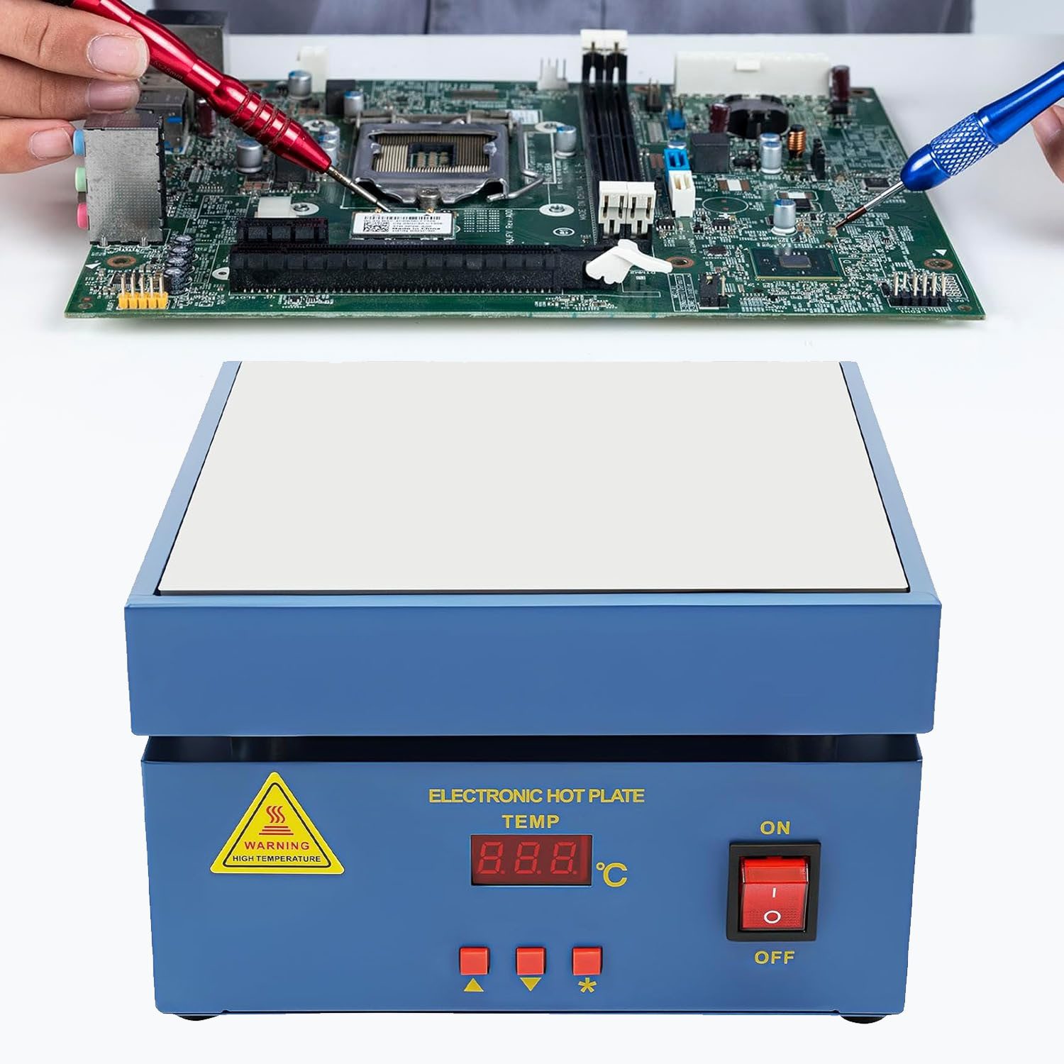 PRIISF Lötkolben Lötstation Heizplatte LCD Elektrische Vorwärmstation Löt Heizstation, max. 400 °C, max. 800 W, für Erwärmung Komponenten, SMD-Rework, PCB-Entfernung und Löten, LED Mikrocomputer elektrische Vorwärmung Rework Heater Lab, Labor Heizplatte Wissenschaftliche Laborausrüstung Laborbedarf, 200X200MM Elektrische Löt-Heizplatte Schweißer-Heizplatte Kochplatte