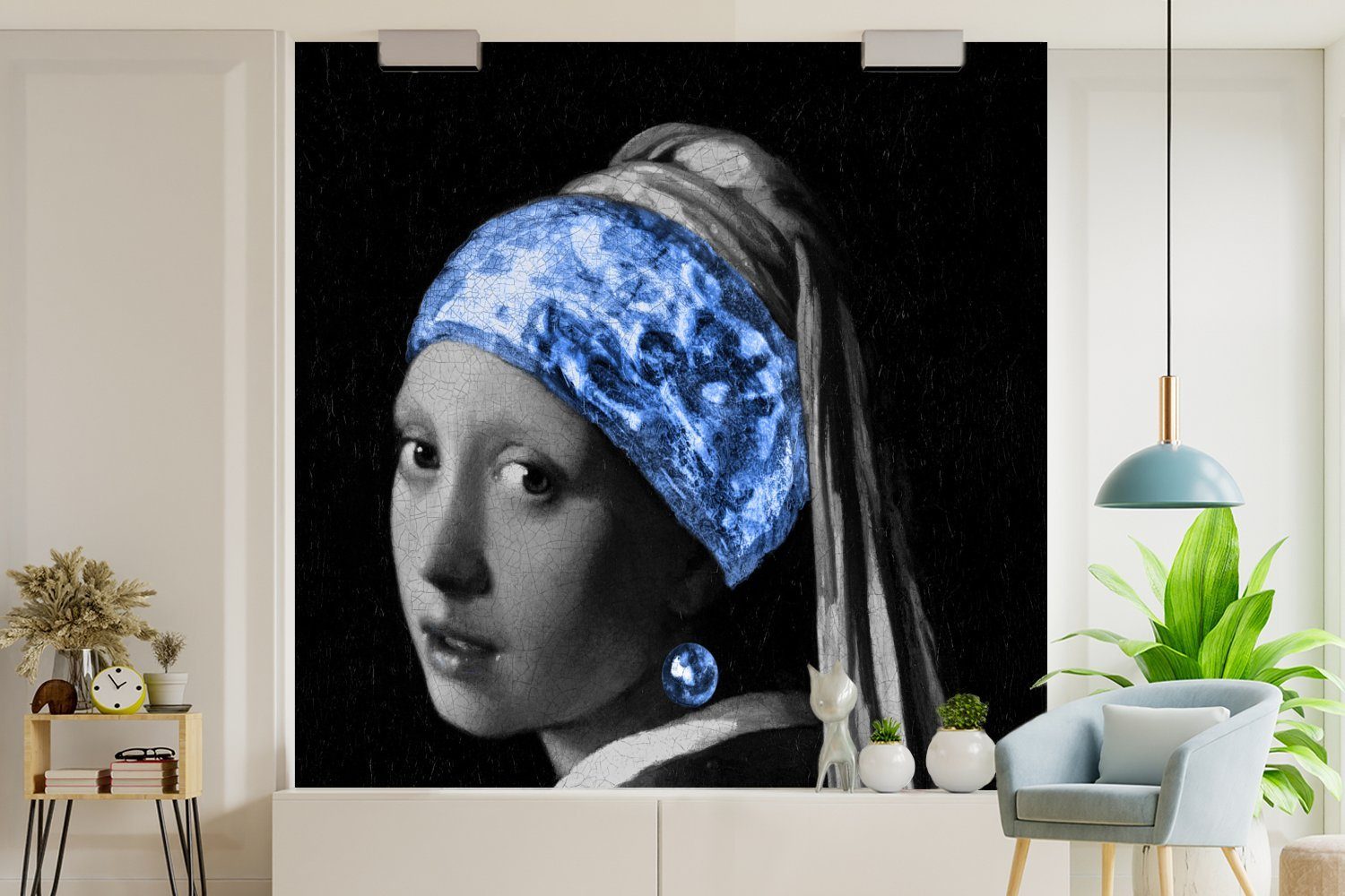 St), (5 Matt, einem mit Wandtapete Fototapete für Schlafzimmer, Perlenohrring bedruckt, Vinyl - Wohnzimmer Vermeer oder MuchoWow Blau, - Mädchen Tapete
