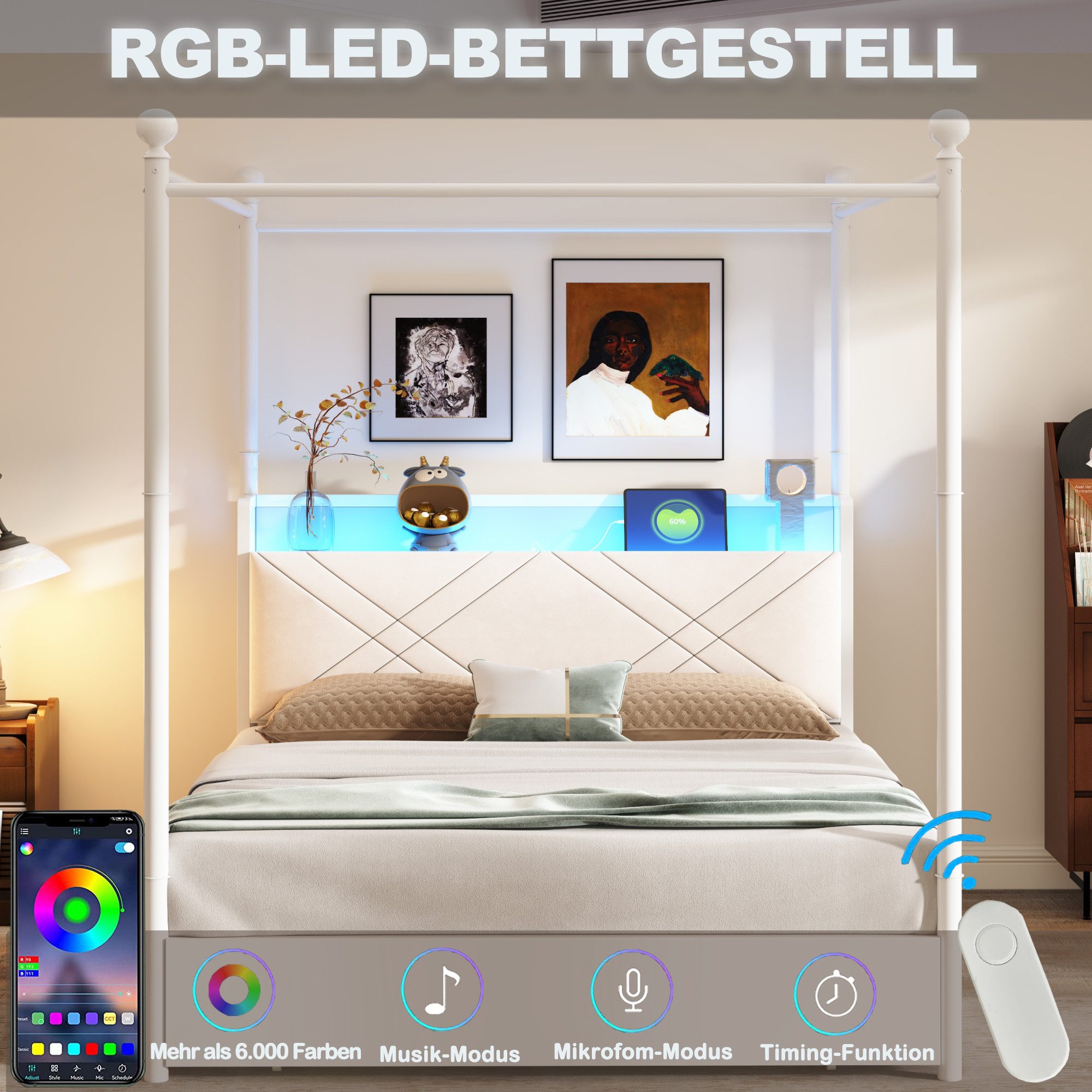 Flieks Himmelbett, Stauraumbett Metallbett 140x190cm mit 3 Schubladen, LED und USB/Typ-C