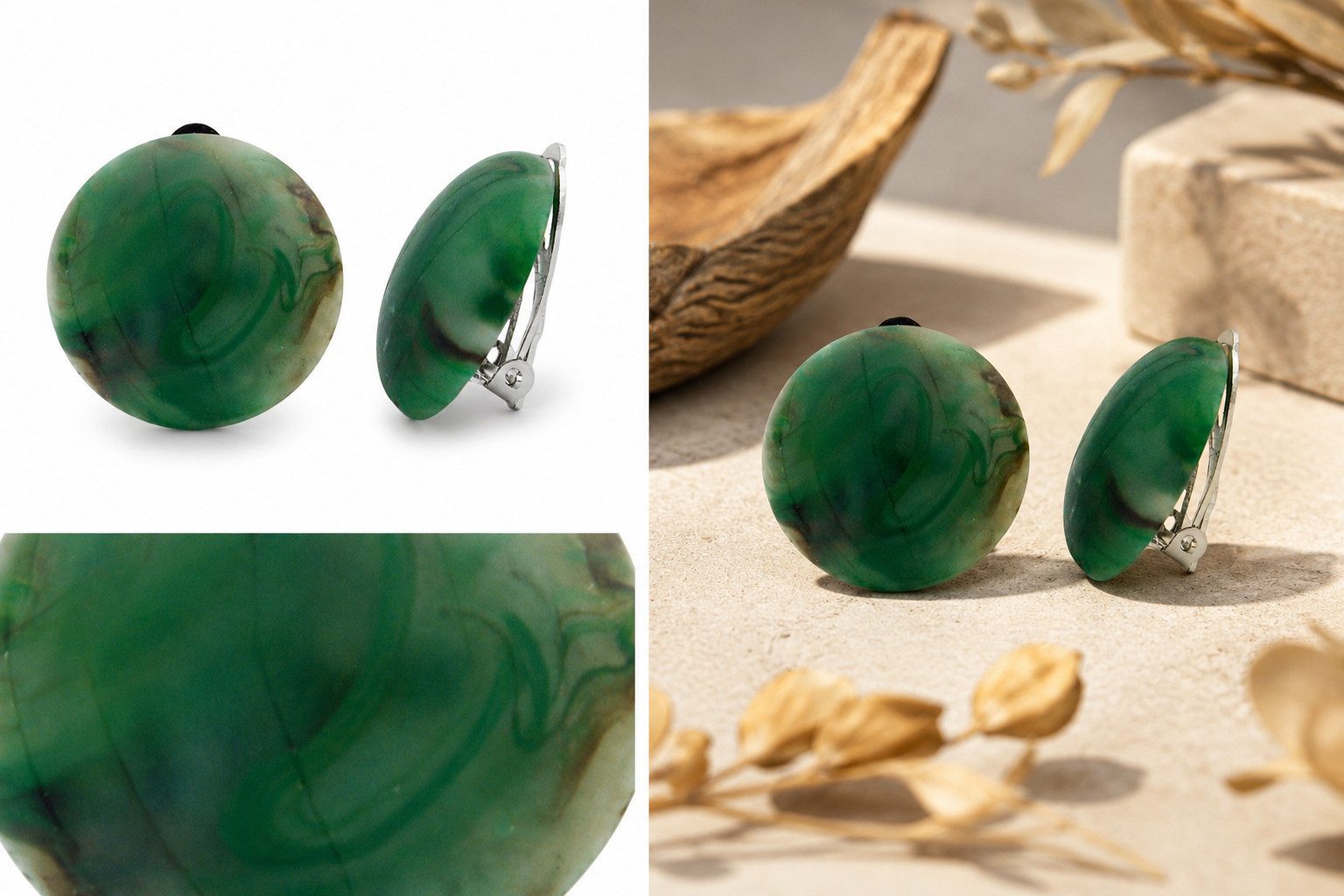 unbespielt Paar Ohrclips Modeschmuck Ohrringe grün-braun marmoriert matt Kunststoff 22 mm, Modeschmuck für Damen
