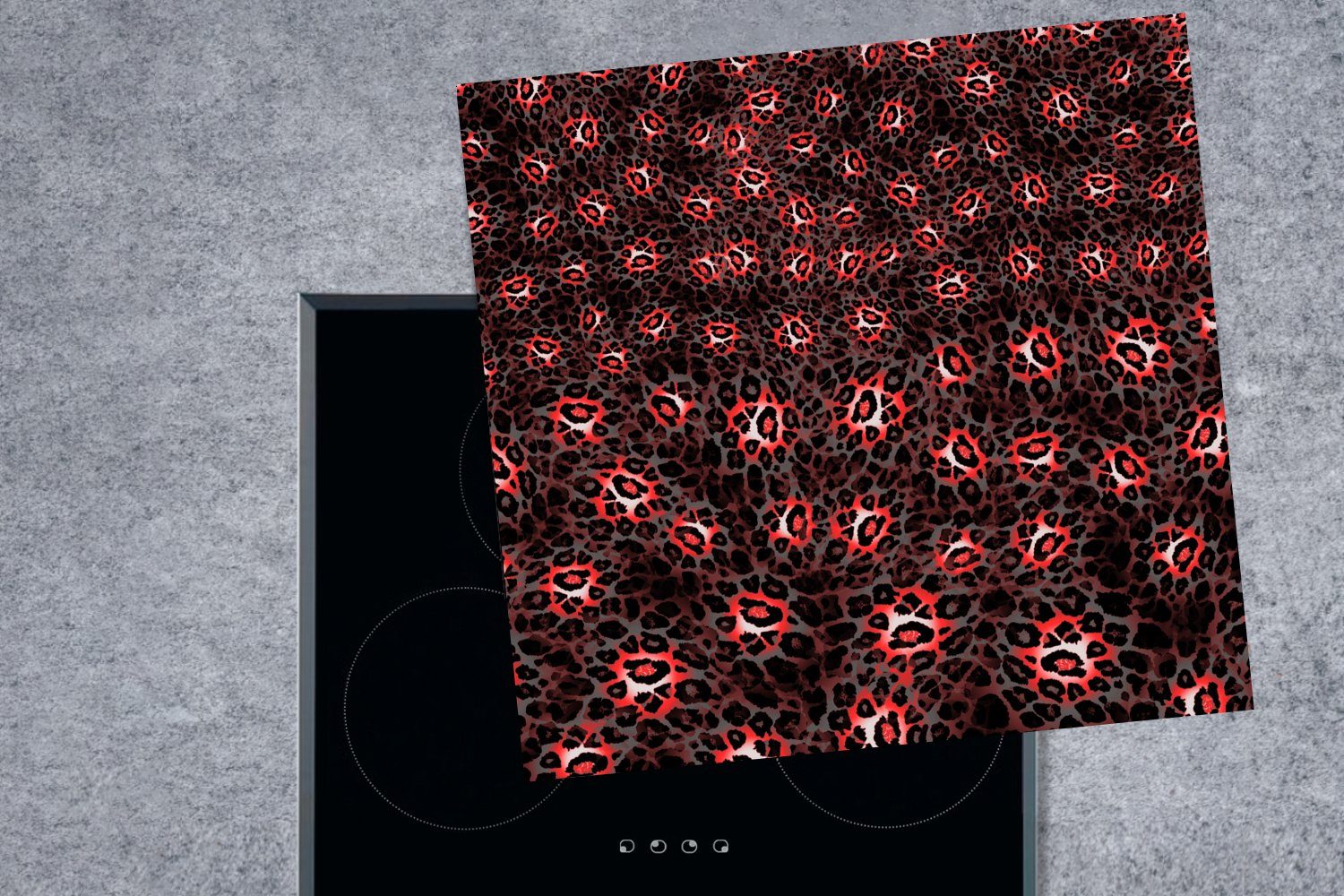 MuchoWow Herdblende-/Abdeckplatte Leopard küche Muster, tlg), 78x78 Vinyl, - Ceranfeldabdeckung, Arbeitsplatte Rot (1 - cm, für