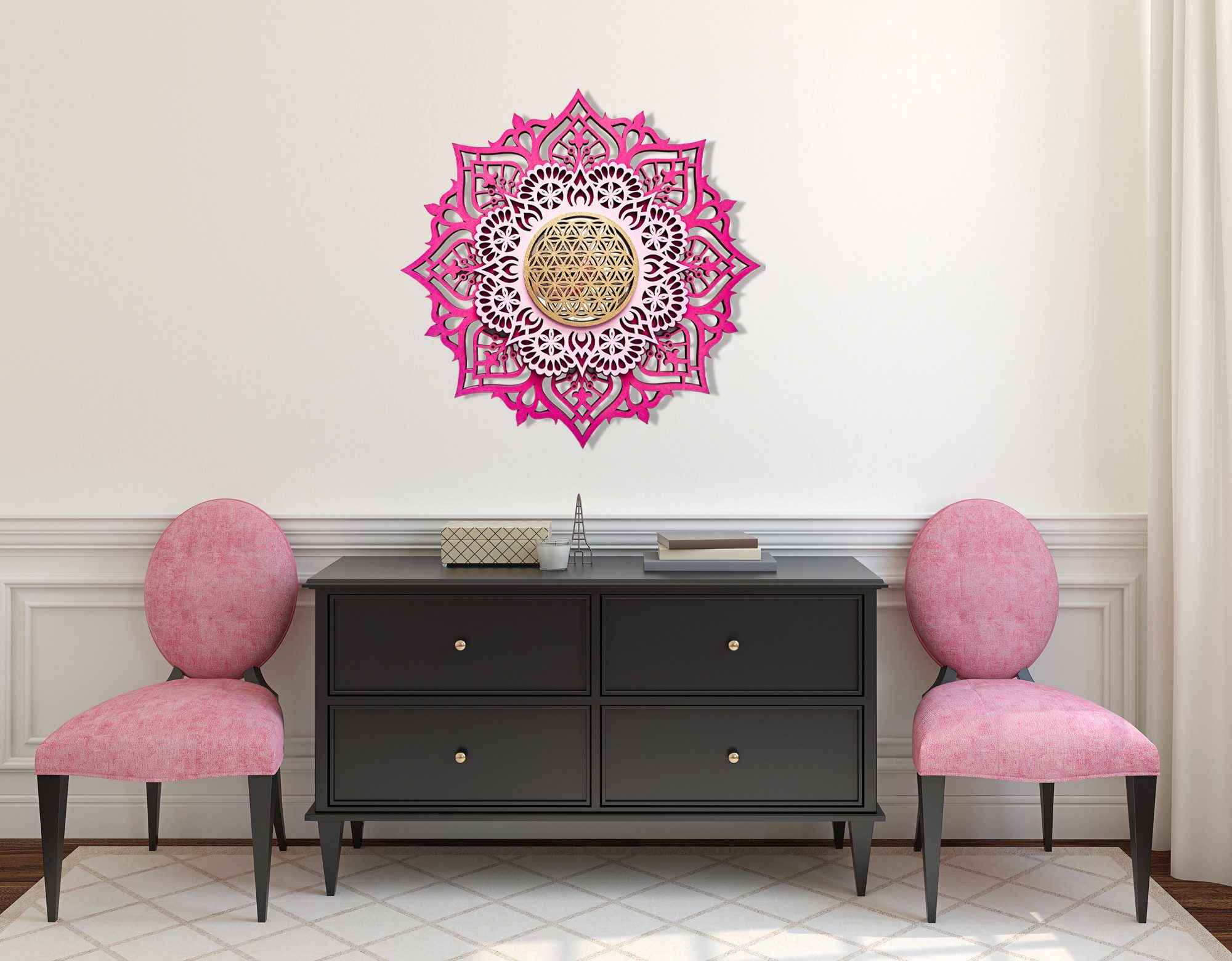 ORNAMENTI Wanddekoobjekt 3D MANDALA, Grosse moderne boho Wanddeko, Holz, 3 Schichten, Spiegel (moderne Deko Anhanger, Yoga Wandsculptur, Holzbild, stilvolle Wanddekoration, Wandpaneel, Ornament, geschnitz Wandrelief), Verzierung fur Zuhause, Wohnzimmer, Schlafzimmer, Wandkunst, 5 Größen