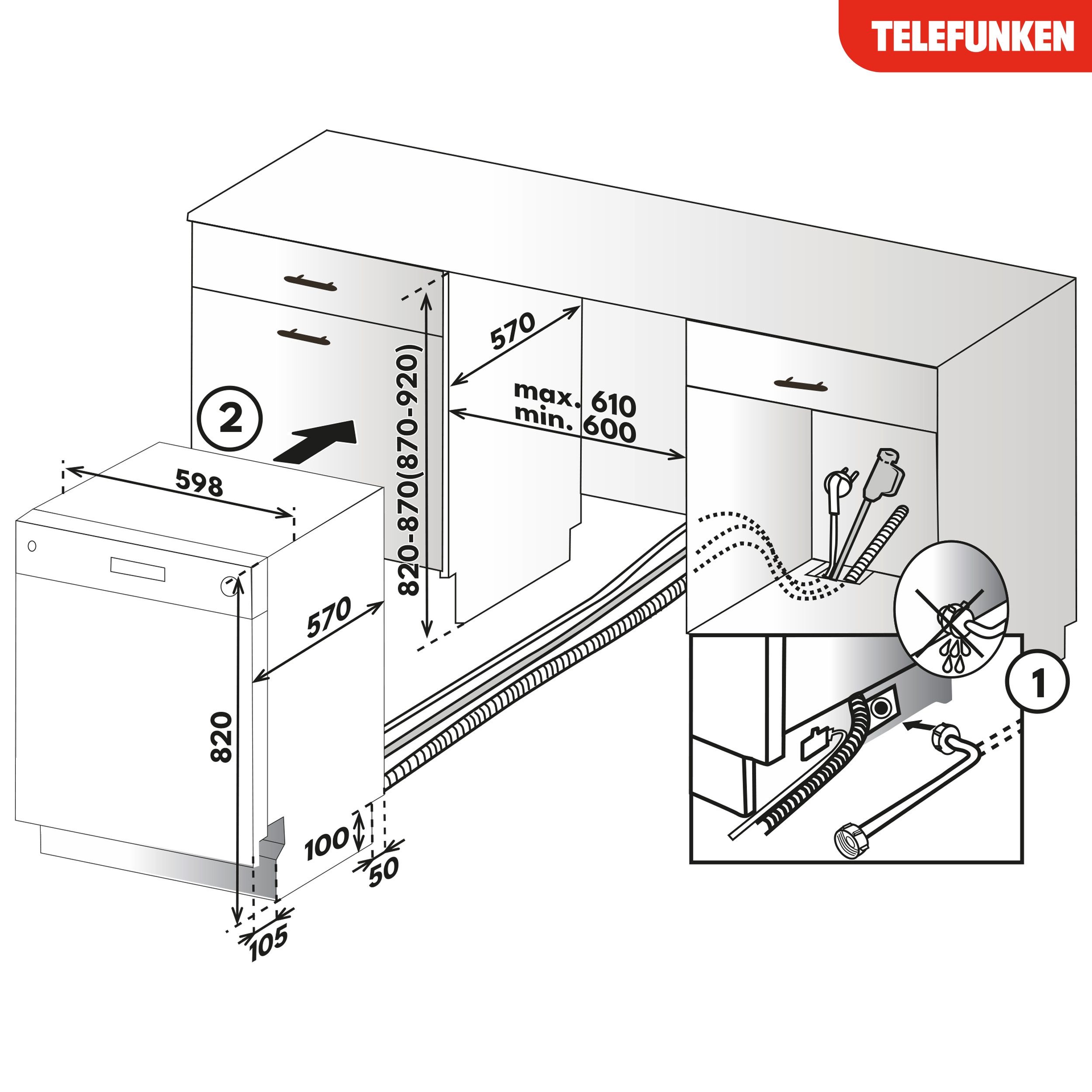 Telefunken Unterbaugeschirrspüler GEU6014AI, 9 l, 14 Maßgedecke, Spülmaschine unterbaufähig 60 cm, 14 Gedecke, 9 Programme, AquaStop