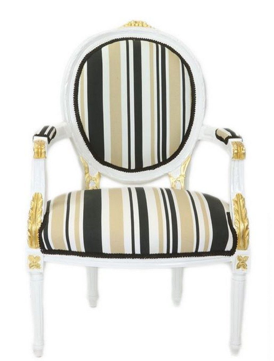 Casa Padrino Besucherstuhl Barock Salon Stuhl Weiß / Gold / Mehrfarbig 50 x 50 x H. 105 cm - Gestreifter Barock Stuhl mit Armlehnen - Barock Möbel
